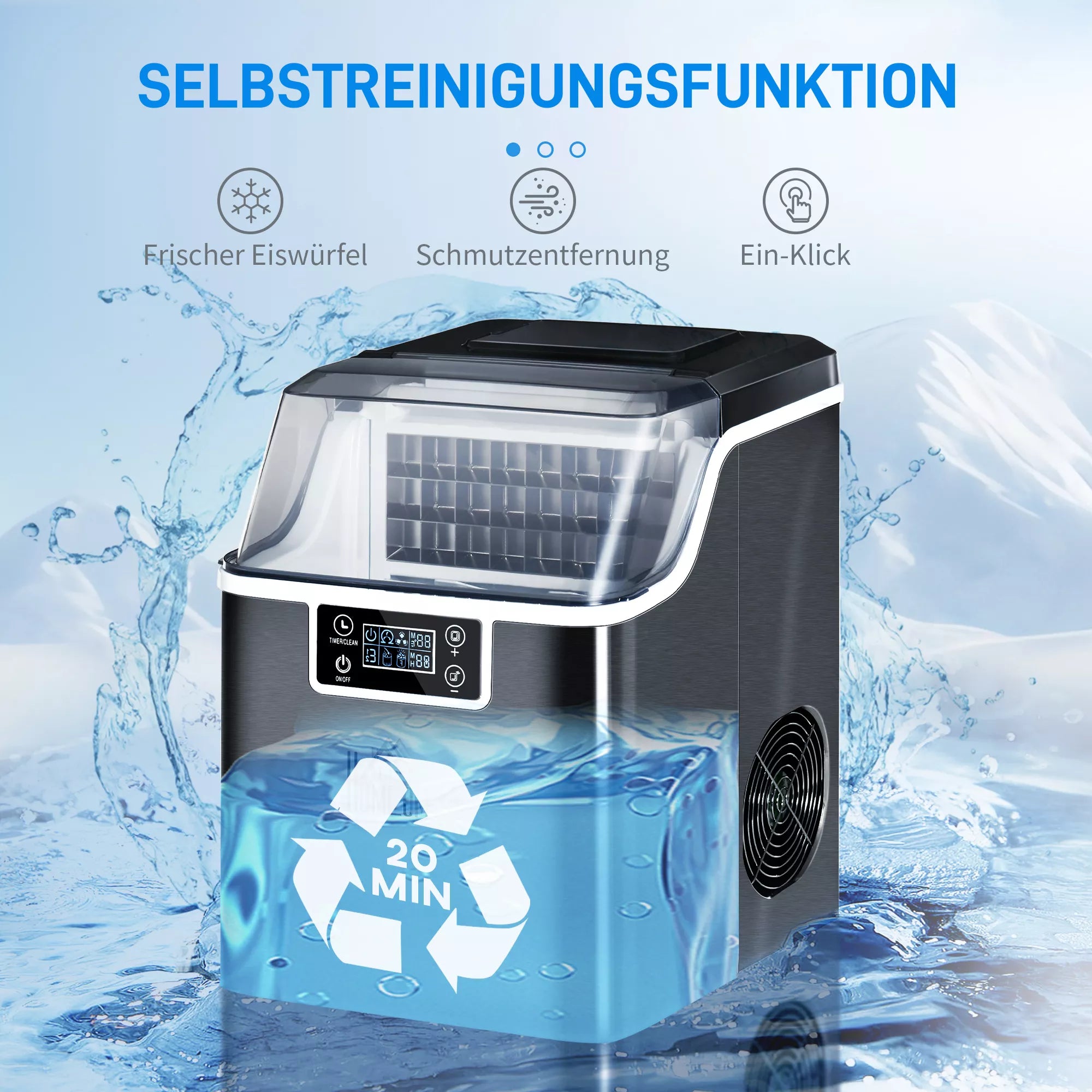 Ledo kubelių gaminimo aparatas Ledo kubelių dozatorius Ice-Maker 20 kg/24 val. 2,3 l ledo kubelių gaminimo aparatas su 3,2 l vandens rezervuaru, juodos spalvos