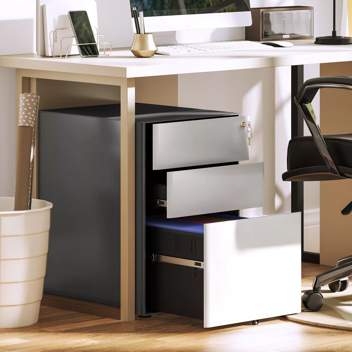 Failų spinta, mobilus stalčių blokas, 3 stalčiai ir pakabinamos segtuvų sistemos, užraktas, plieninė korpusas, 39x48x59 cm, balta+pilka