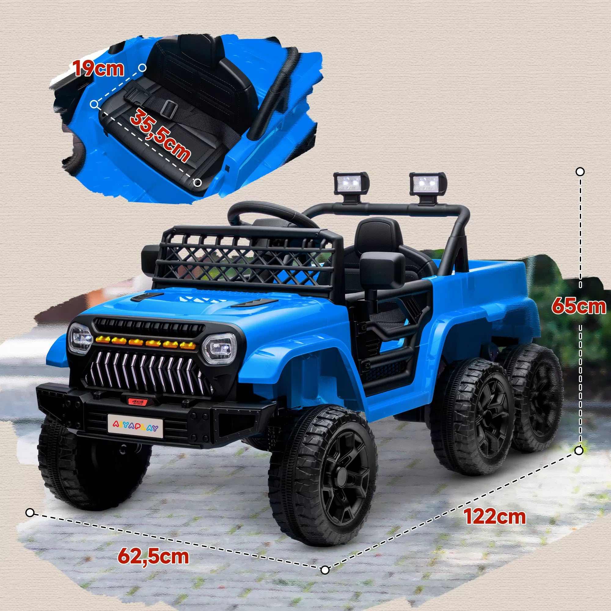 12 V elektrinis vaikų automobilis su priekaba, LED žibintais, muzika ir signaline, skirtas 3–8 metų vaikams, šviesiai mėlynos spalvos