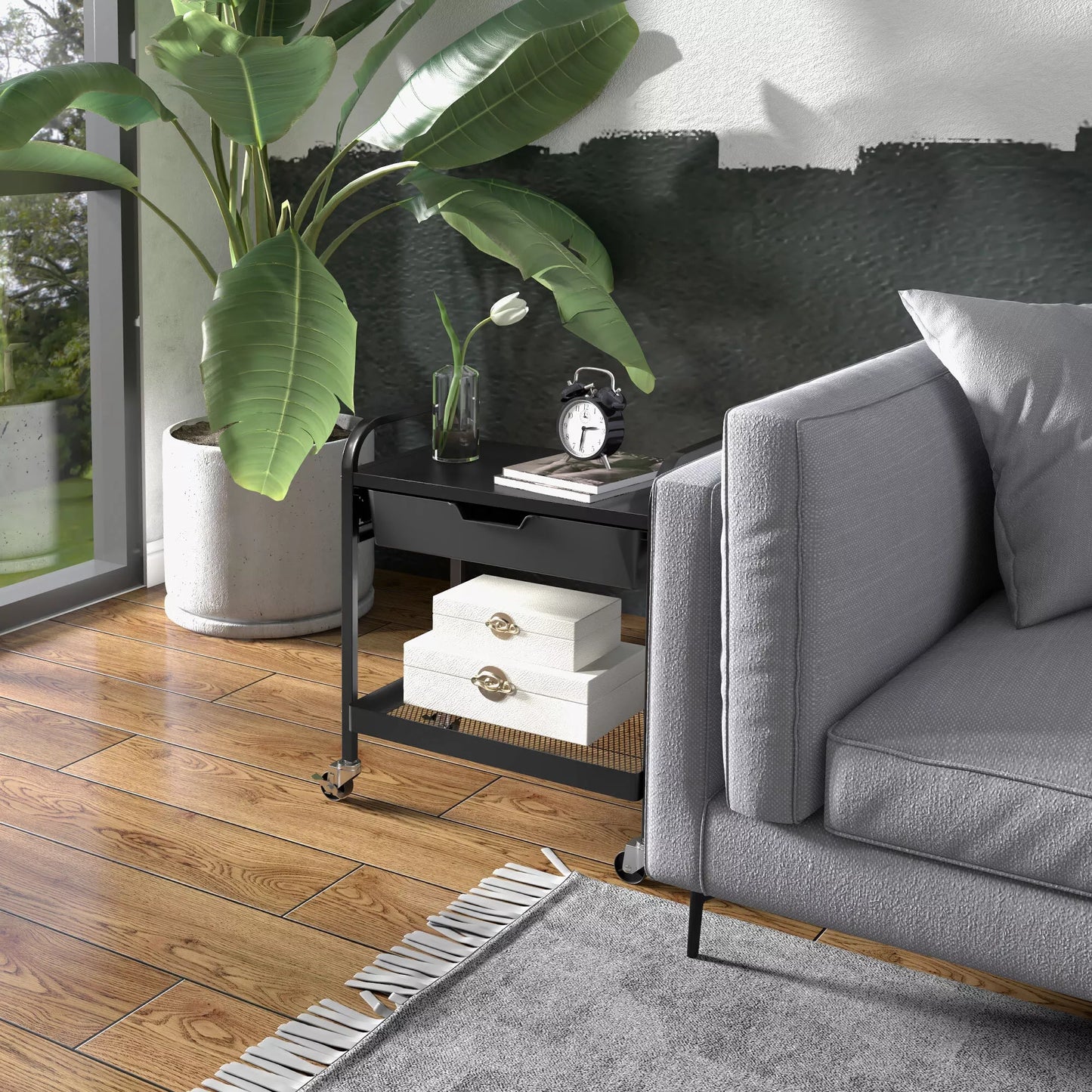 Daugiafunkcis vežimėlis su 1 stalčiumi, 1 lentyna, 4 ratukais, virtuvės vežimėlis, juodas