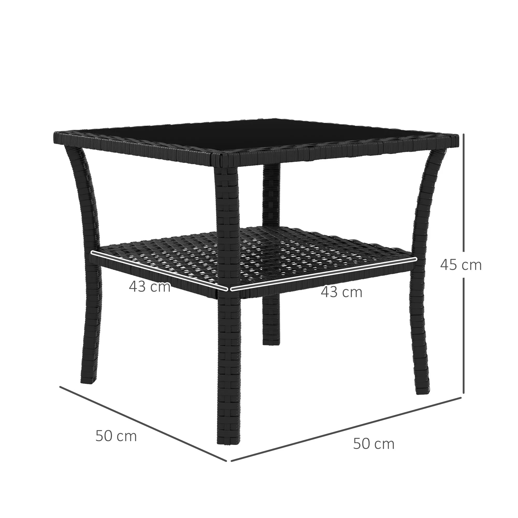 Polyrattan sodo stalas, 50 x 50 x 45 cm, atsparus atmosferos poveikiui, pagalbinis stalas 4 asmenims, kvadratinis su stikliniu stalviršiu