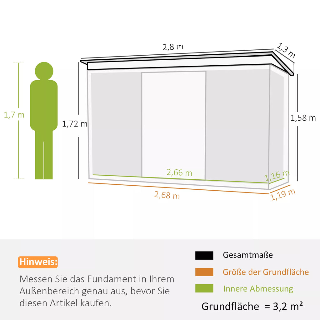 Metalinis įrankių sandėliukas 6,3 m³ 280 x 130 x 172 cm Įrankių sandėliukas su vienšlaičiu stogu Stumdomos durys Atsparus atmosferos poveikiui Sodo namelis Lauko sodo sandėliukas Spinta kiemui Lauko erdvėms Antracitas, tamsiai žalia