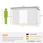 Schema su sandėliuko matmenimis: 2,8 m, aukštis 1,58–1,72 m, gylis 1,3 m