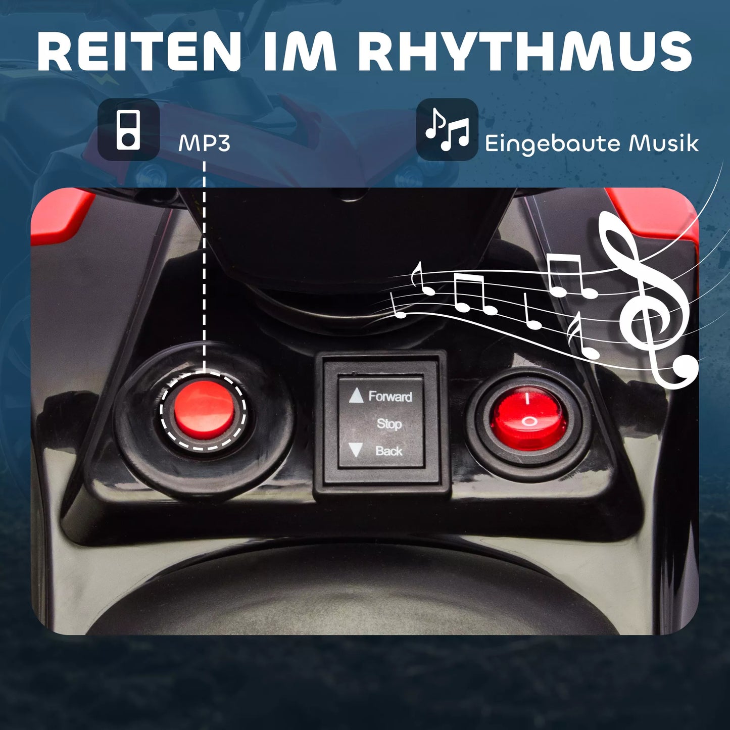 Elektrinis vaikiškas keturratis 6V su pirmyn ir atgal funkcija, muzika, LED žibintais, raudonas.