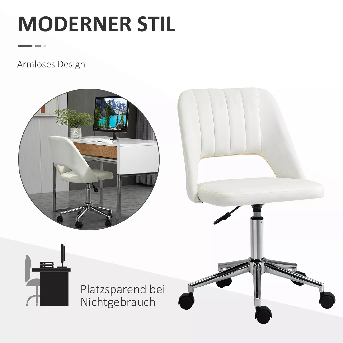 Reguliuojamo aukščio biuro kėdė su ratukais, 360° besisukanti, su jūros kriauklių formos atlošu, putplastis, 49 x 60 x 79–91 cm, kreminės baltos spalvos