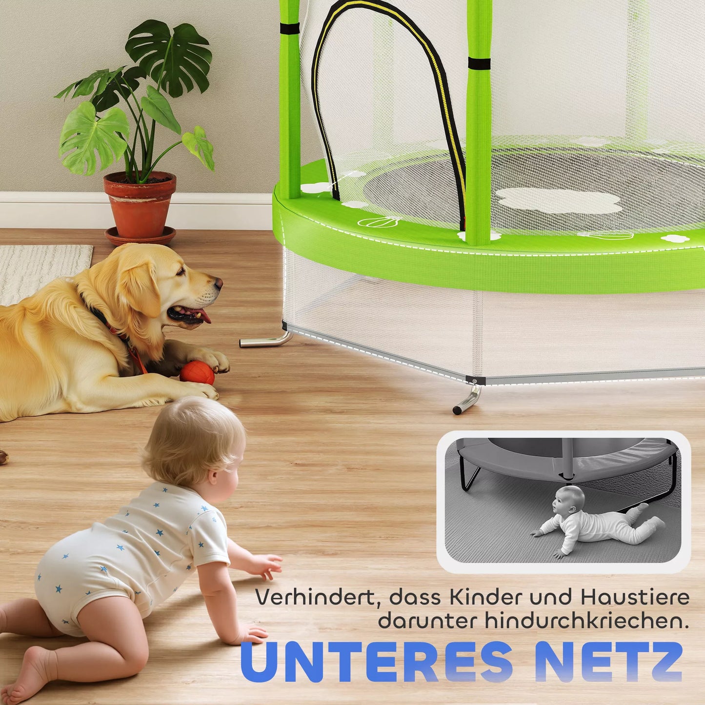 Vaikiškas batutas su saugos tinklu, tinkamas naudoti viduje ir lauke, 3-6 metai, Žalias AIYAPLAY