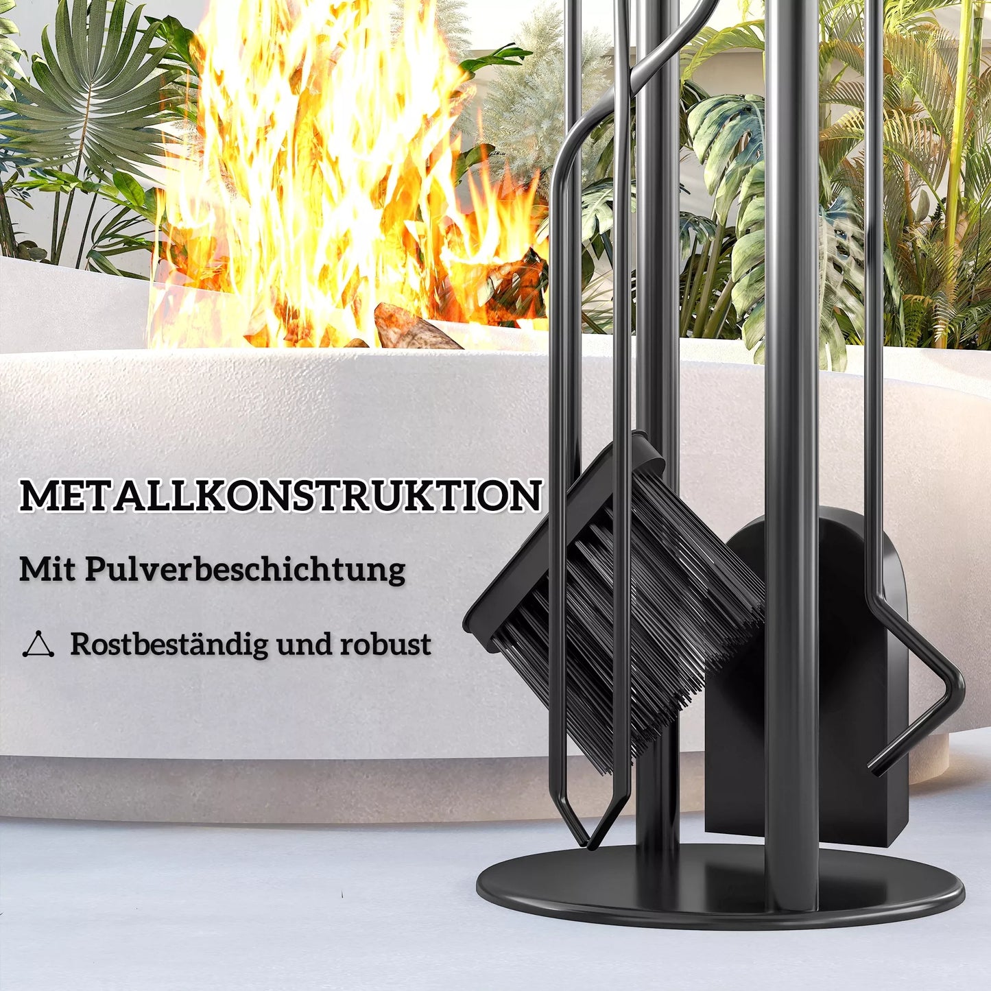 5 dalių židinio įrankių rinkinys, židinio priedai su šluota, kastuvu, semtuvėliu, žnyplėmis ir stovu