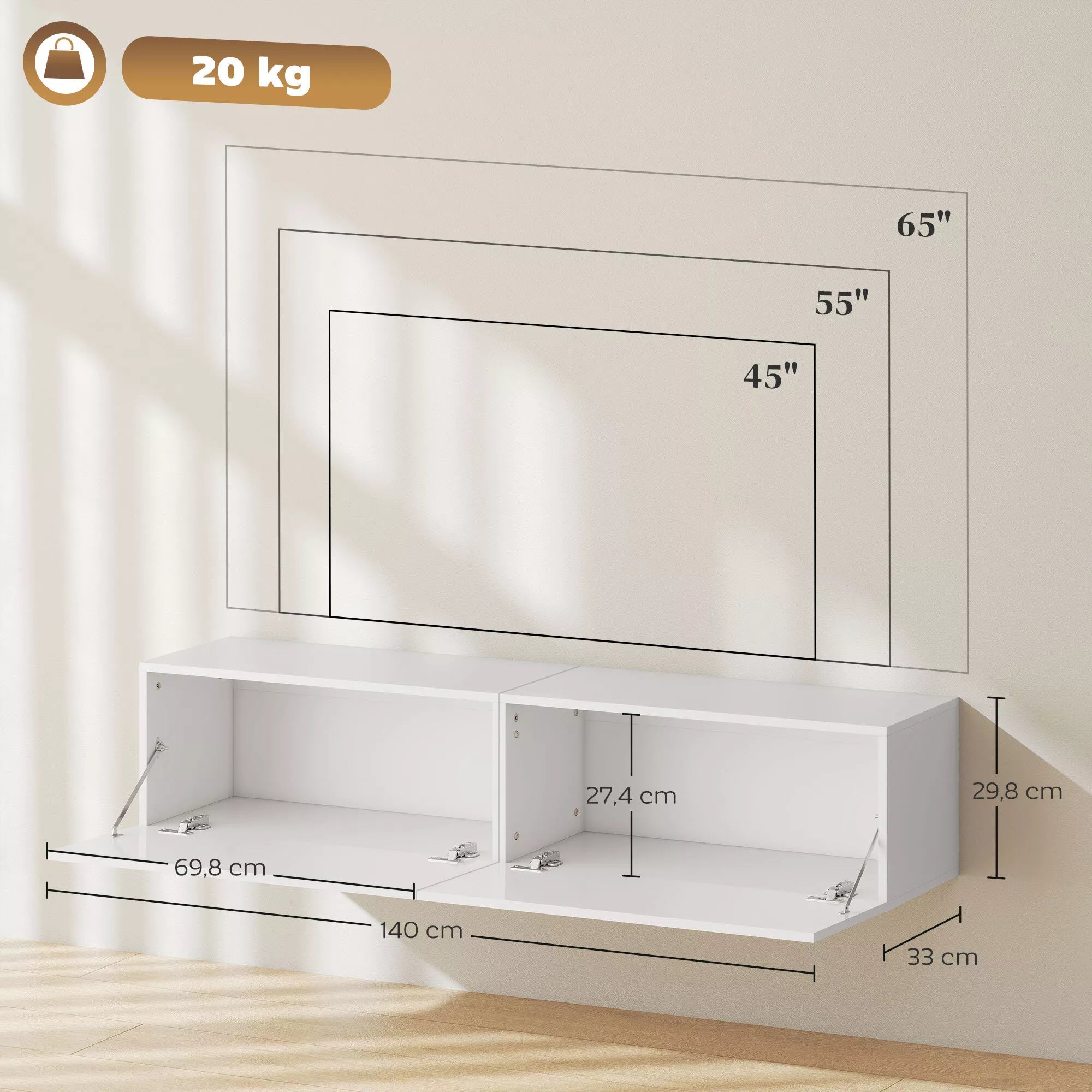 Pakabinamos TV spintelės matmenų schema: 140 cm plotis, 69,8 cm ir 29,8 cm skyriai, 33 cm gylis, iki 20 kg