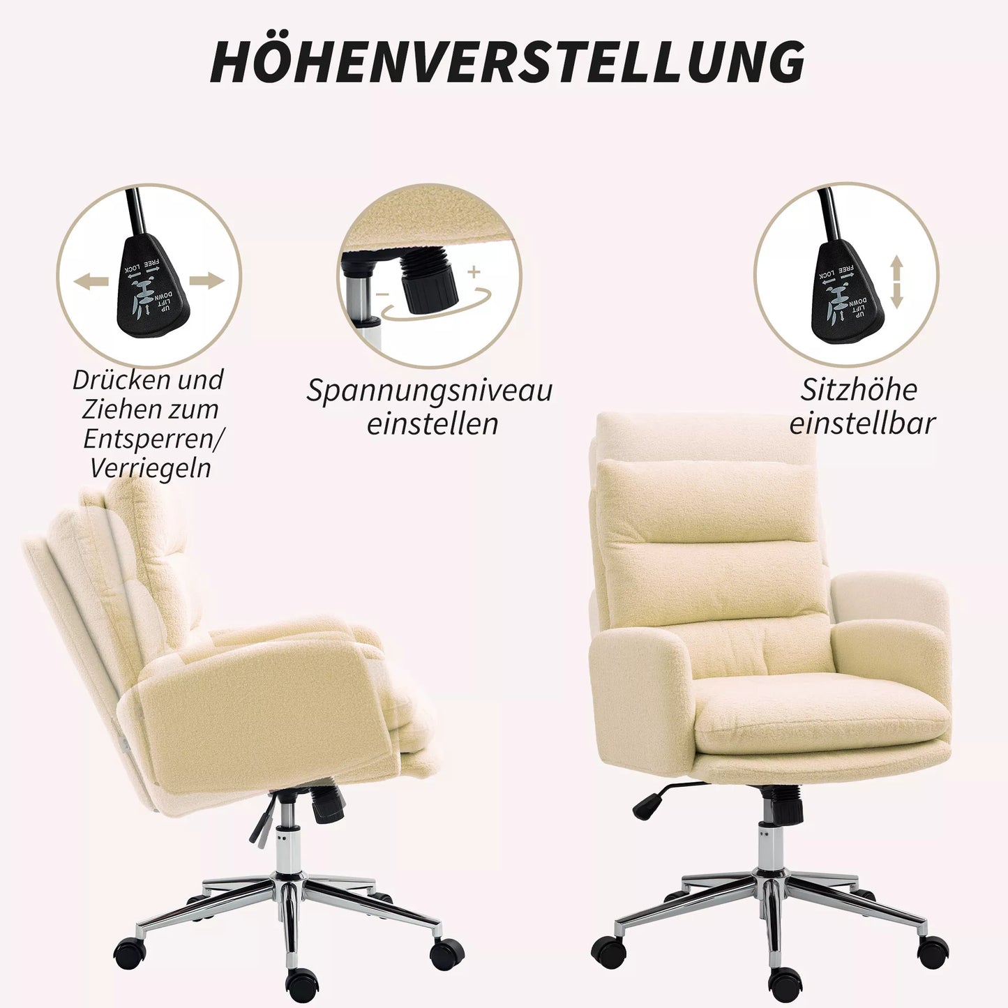 Biuro kėdė, paminkštinta rašomojo stalo kėdė, svyravimo funkcija, pasukama, su ratukais, kreminės baltos spalvos