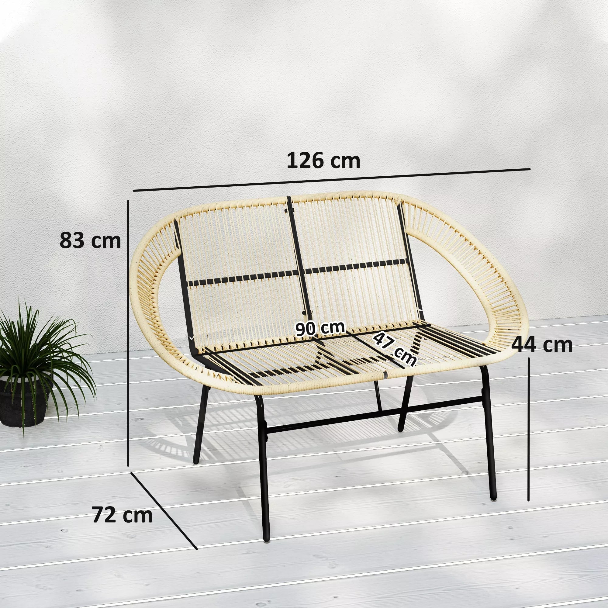2-vietė sodo suoliukas iš polirattan, atspari atmosferos poveikiui, suoliukas iš rotango pynimo dizaino, atspari UV spinduliams, 260 kg apkrova, chaki spalva
