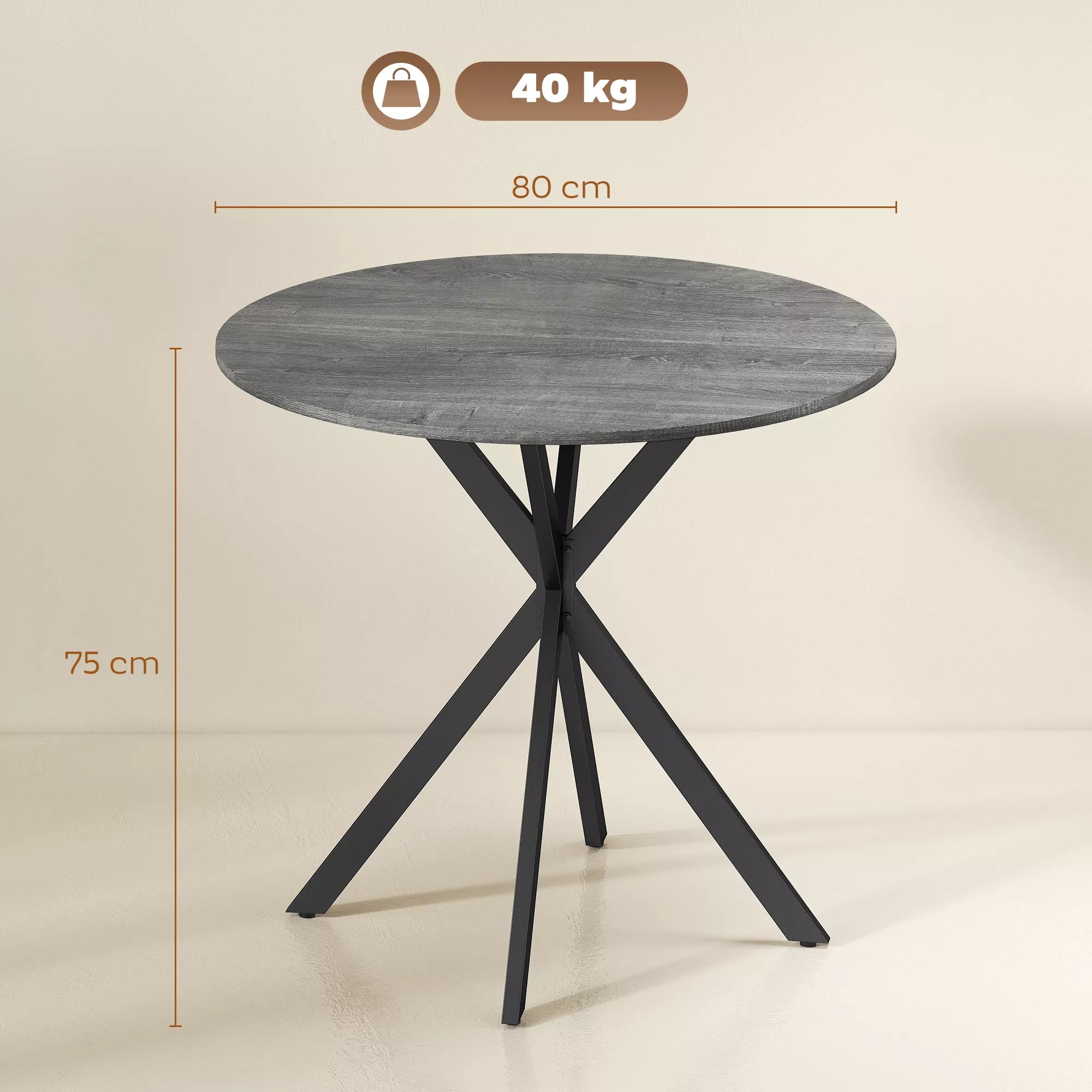 Apvalus virtuvės stalas, 80 cm, kompaktiškas stalviršis, medžio drožlių plokštė, metalas, pilkos spalvos