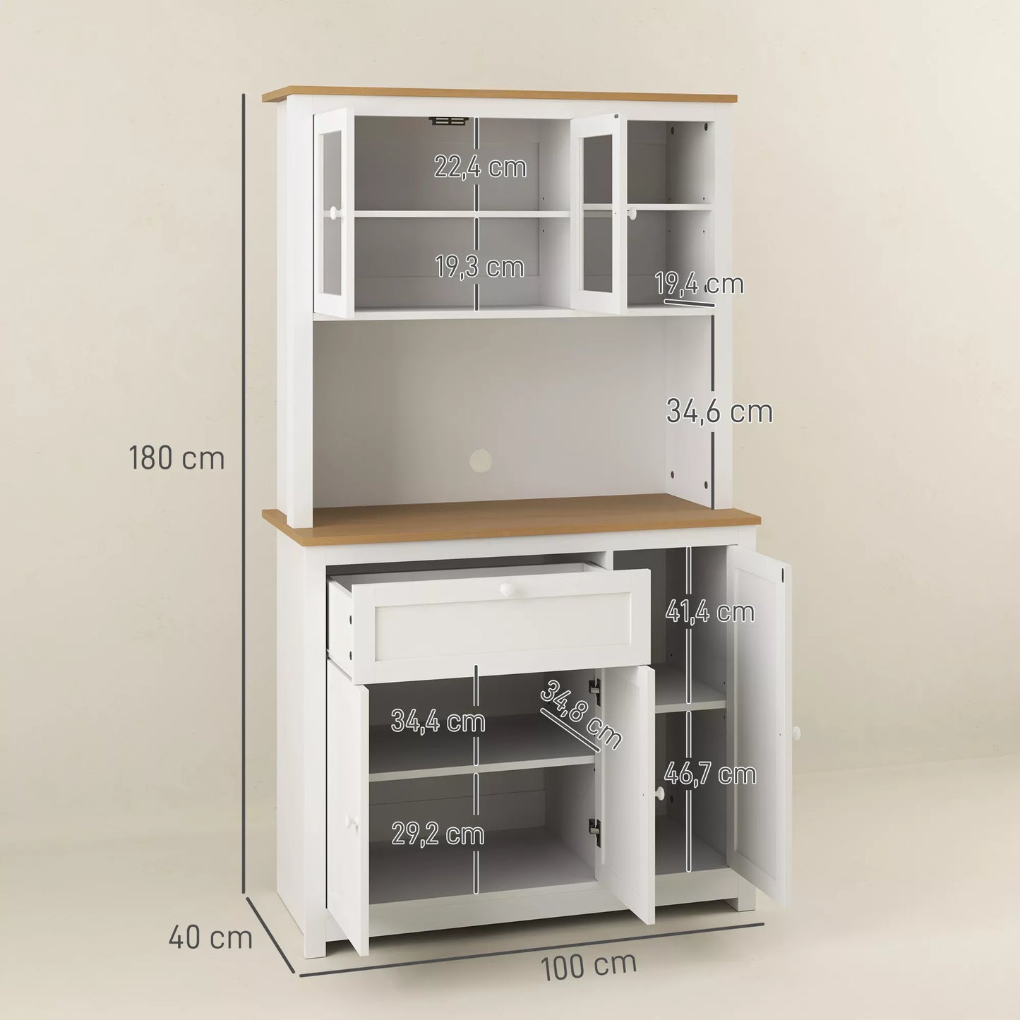 Virtuvės spintelė kaimiško stiliaus, 1 vitrina, 1 atvira lentyna, 1 stalčius, 2 spintelės, natūrali spalva + balta