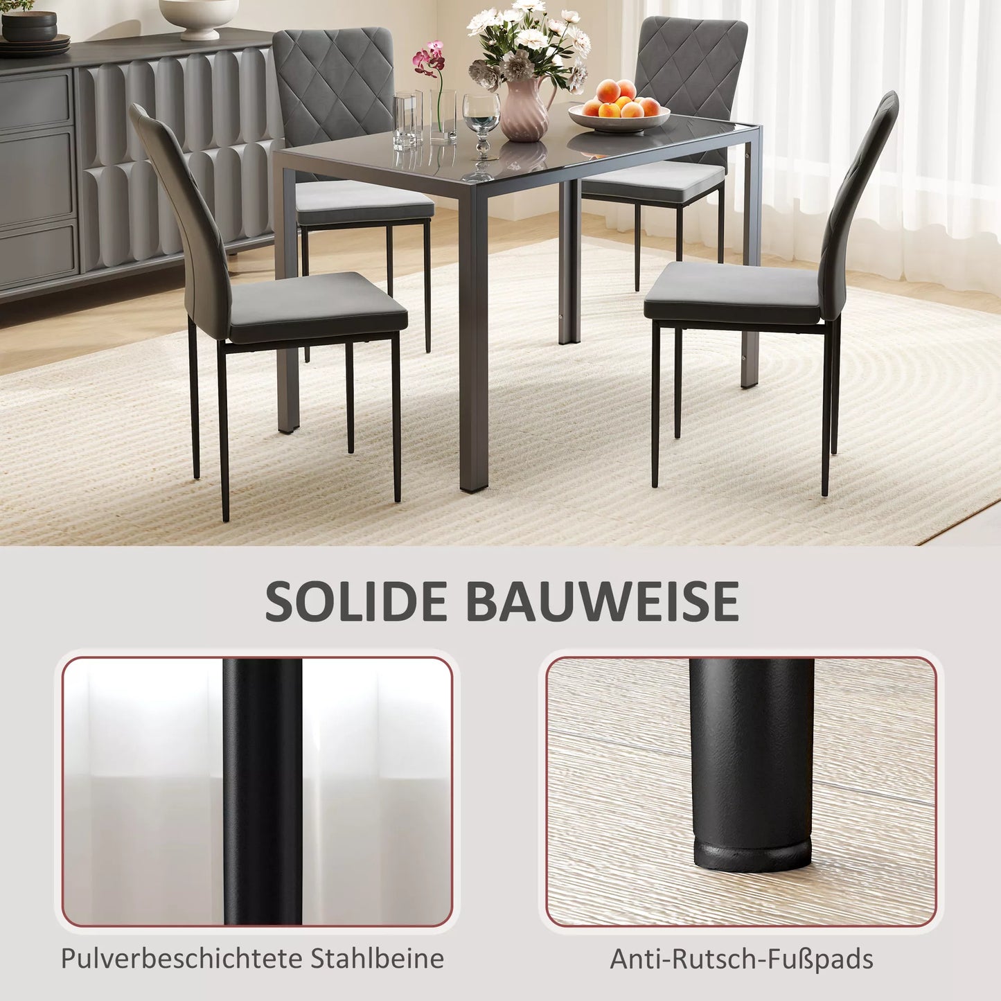4 vnt. komplektas valgomojo kėdžių aksomo išvaizdos, modernios paminkštintos kėdės su metalinėmis kojomis, valgomajam, miegamajam, virtuvei, pilkos