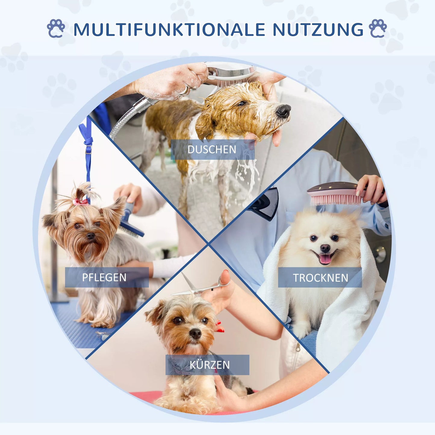 Šunų priežiūros stalas Reguliuojamo aukščio gyvūnų priežiūros stalas Sulankstomas šunų priežiūros stalas Šunų kirpykla Stalas kirpimui Stalas kirpimui su apatiniu krepšeliu šunims ir katėms iki 100 kg Mėlynas