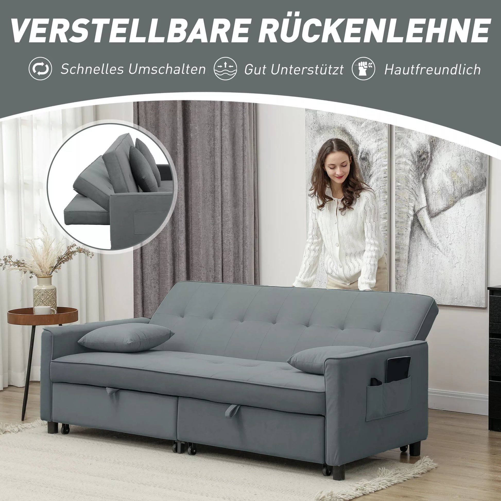 Miegamoji sofa, reguliuojama 3 vietų sofa su miegojimo funkcija, ištraukiama miegamoji sofa, pagalvėlės, pilka