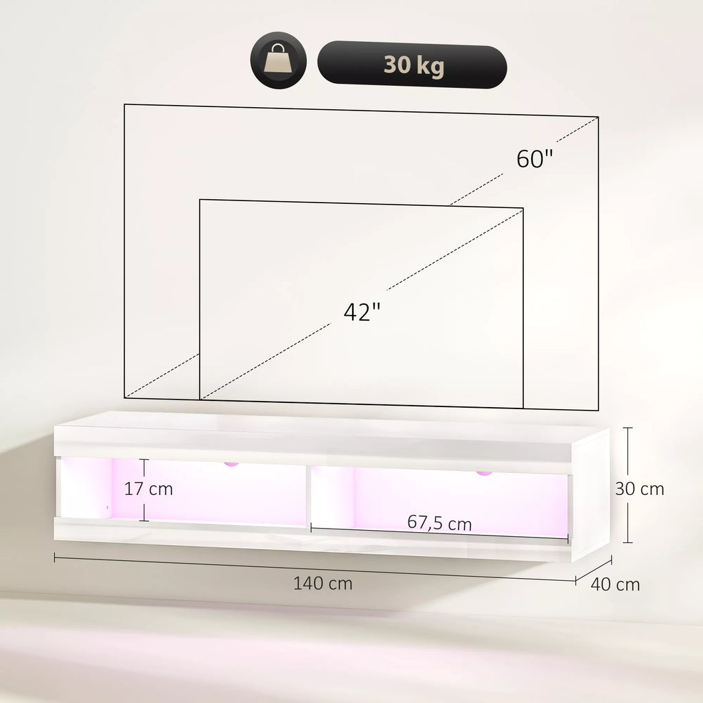 TV staliukas su LED apšvietimu, pakabinamas, 140 cm, blizgi balta