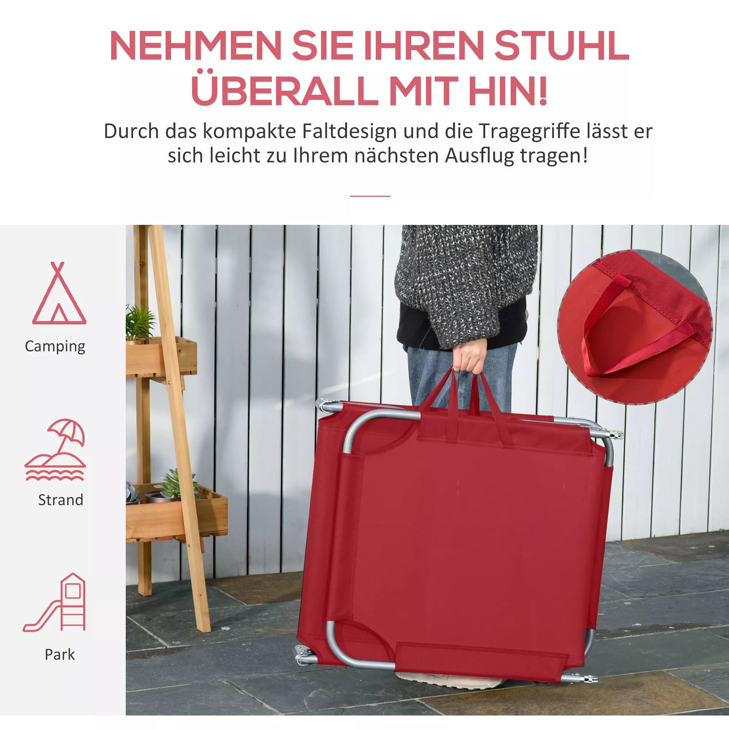 Skleidžiamas gultas, reguliuojamas atlošas, nerūdijančio metalo rėmas, 187 x 55 x 24, vyno raudonos spalvos