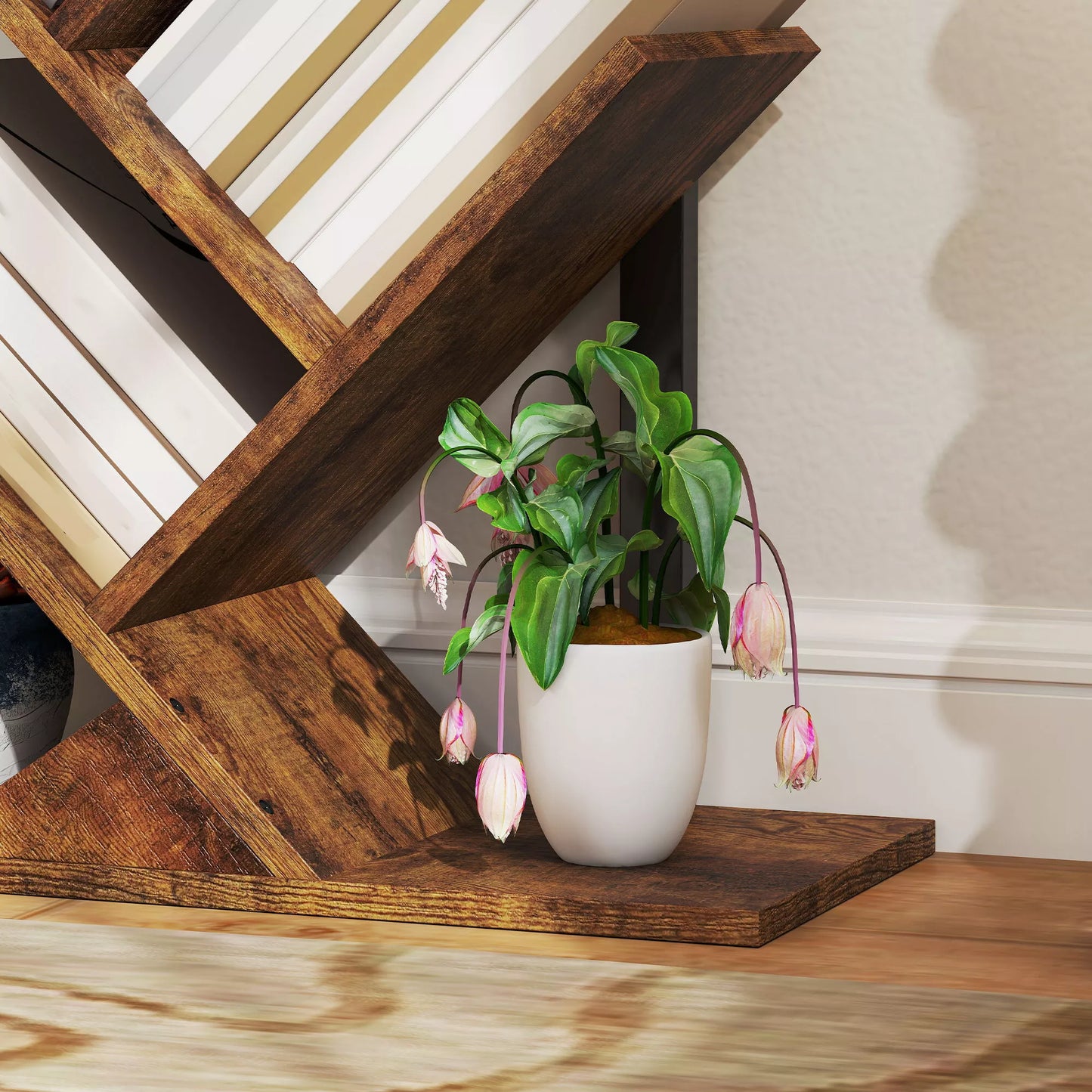 Siaura, 9 lygių, medžio formos pastatoma lentyna biurui, rustiškai rudos spalvos