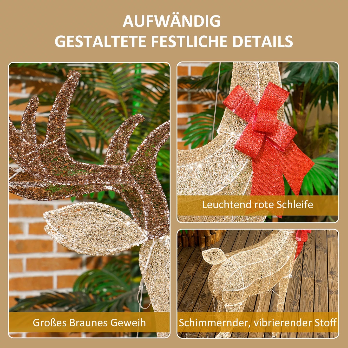 Elnias su raudonu kaspinėliu, 137 LED lemputės, kalėdinė puošmena, atspari oro sąlygoms, 66 x 25 x 135 cm, auksinė