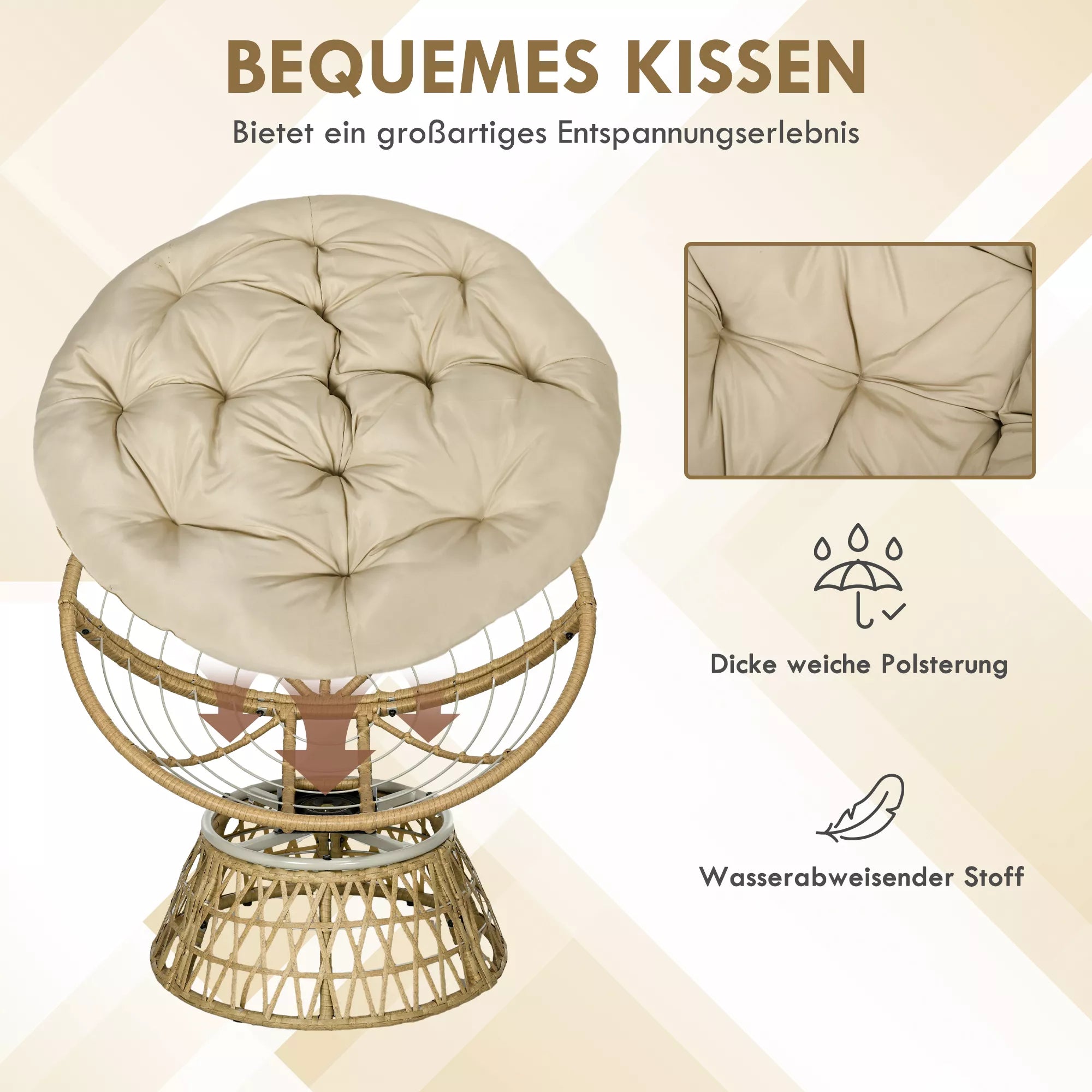 Krepšinio kėdė Rotango kėdė Lauko kėdė, boho stiliaus, atspari oro sąlygoms, 85 cm x 70 cm x 82 cm, kreminė + natūrali