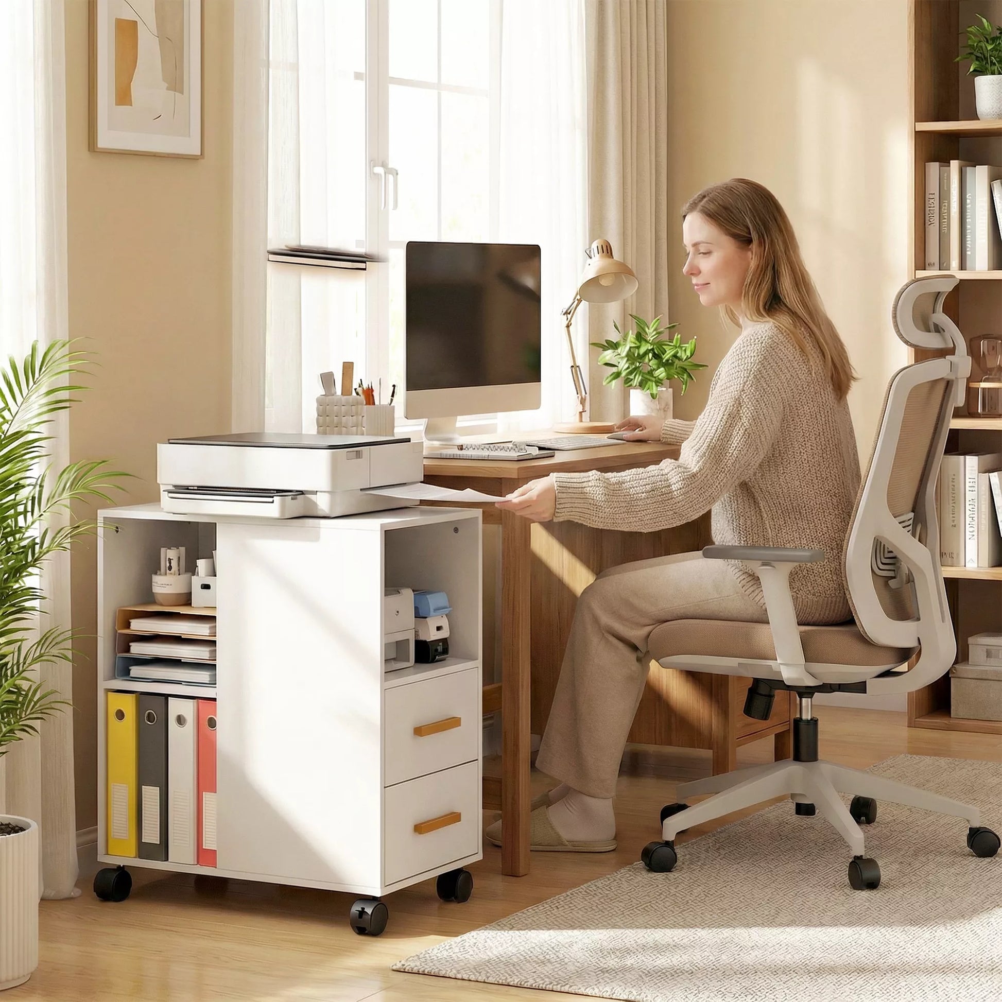 Spausdintuvo staliukas su reguliuojama lentyna, biuro stovas ant ratukų faksui ir skeneriui, mdf ir metalas, 60x30x65 cm, balta