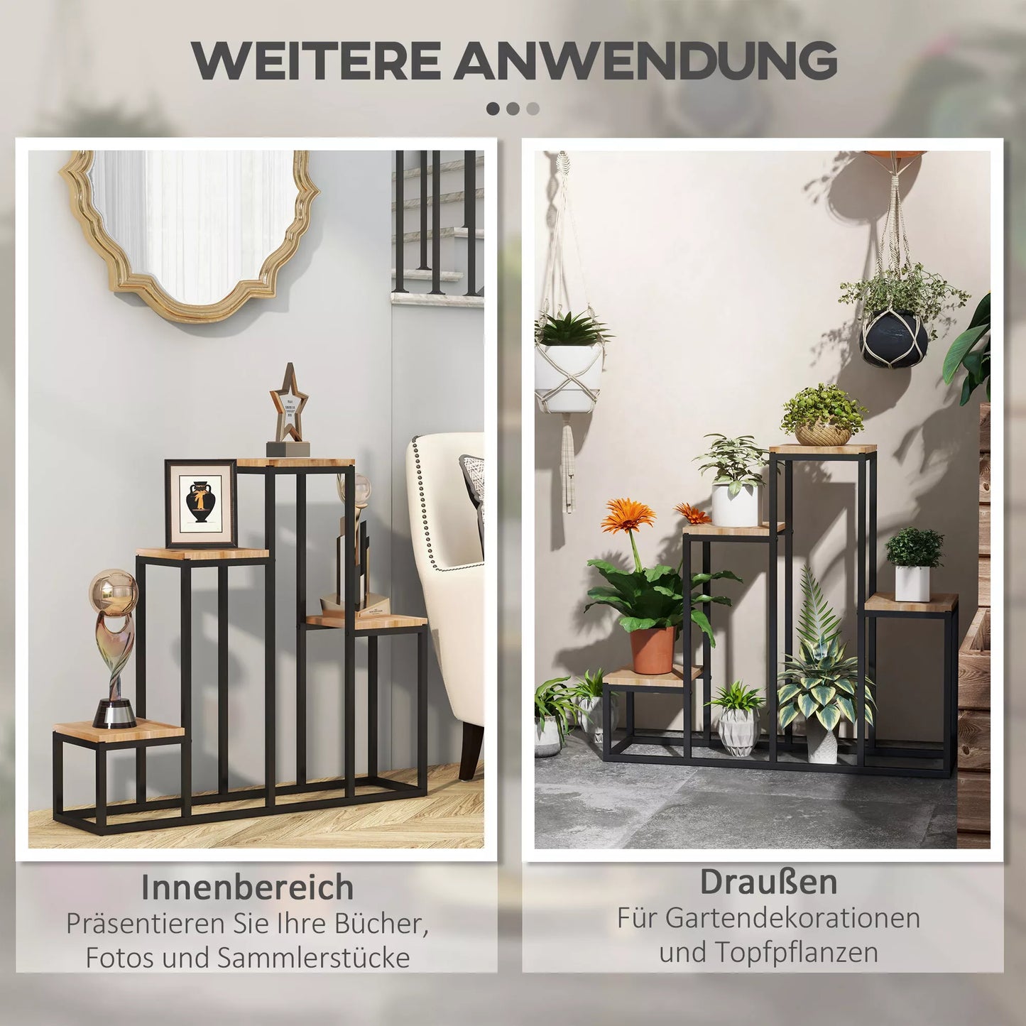 Gėlių lentyna, 4 pakopos, skirta naudoti viduje ir lauke, metalinis rėmas, 80 x 20 x 74 cm