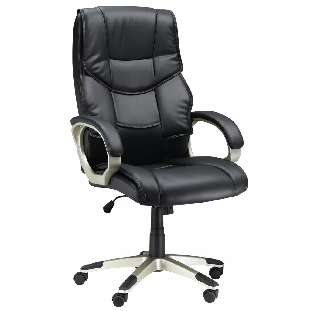 Biuro kėdė, vadovo kėdė su svyravimo funkcija, ergonomiška sukama kėdė, sportinio dizaino, su aukšta atlošo atrama, juoda, dirbtinė oda, metalas, 70 x 58 x 114–124 cm