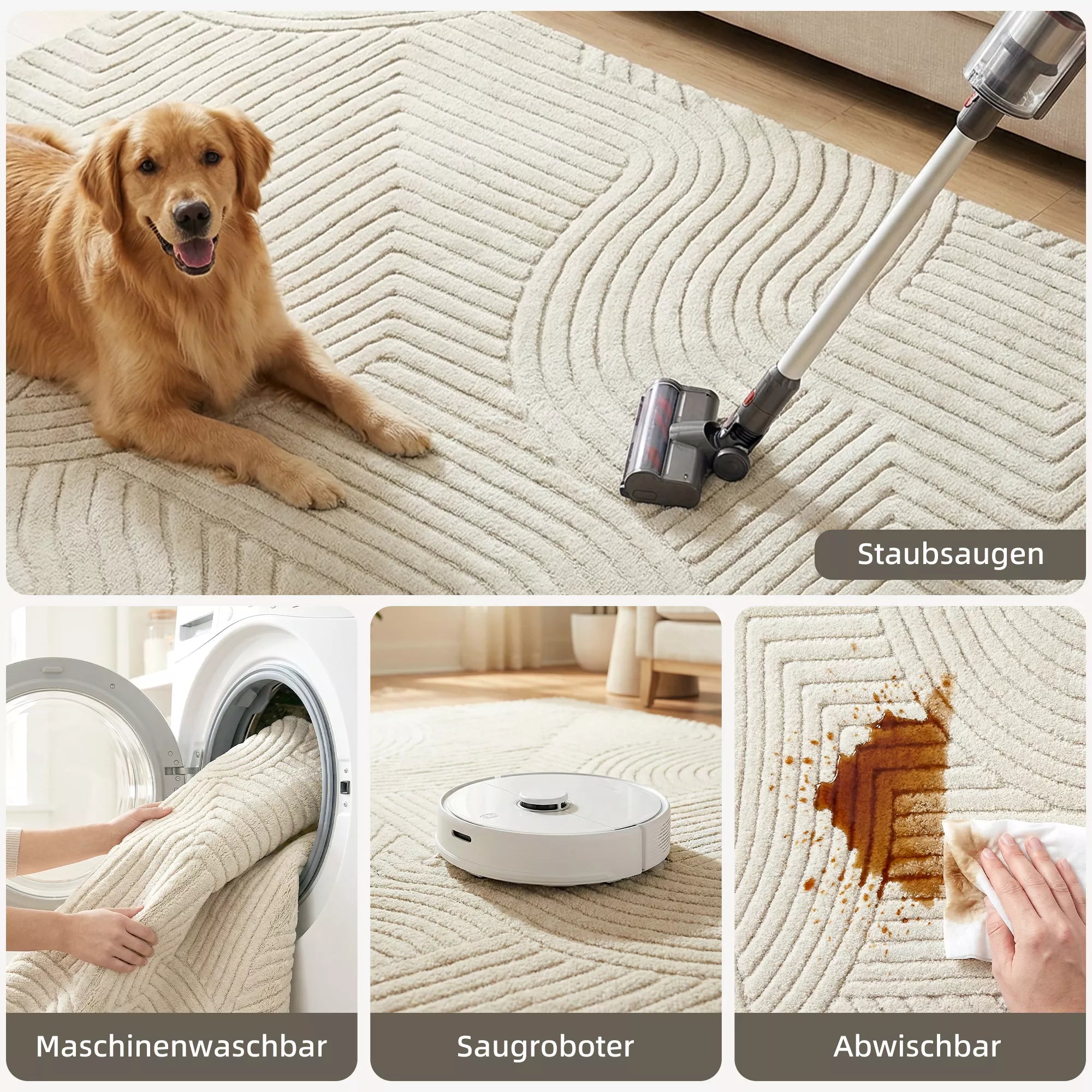 Mašininio audimo kilimas, 15 mm aukščio, universalus, neslidus, kreminės baltos spalvos