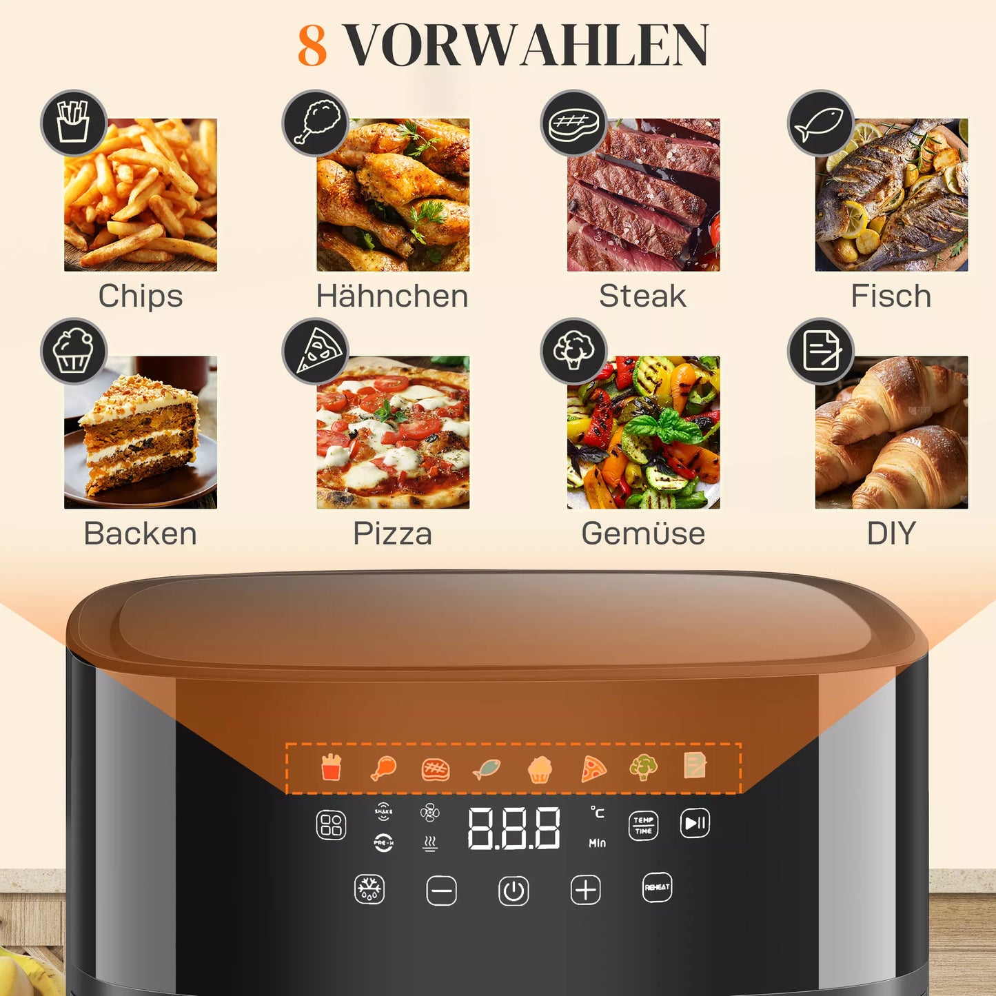 Oro gruzdintuvė, Air Fryer, 8 programos, 8 litrai, LED ekranas, juoda