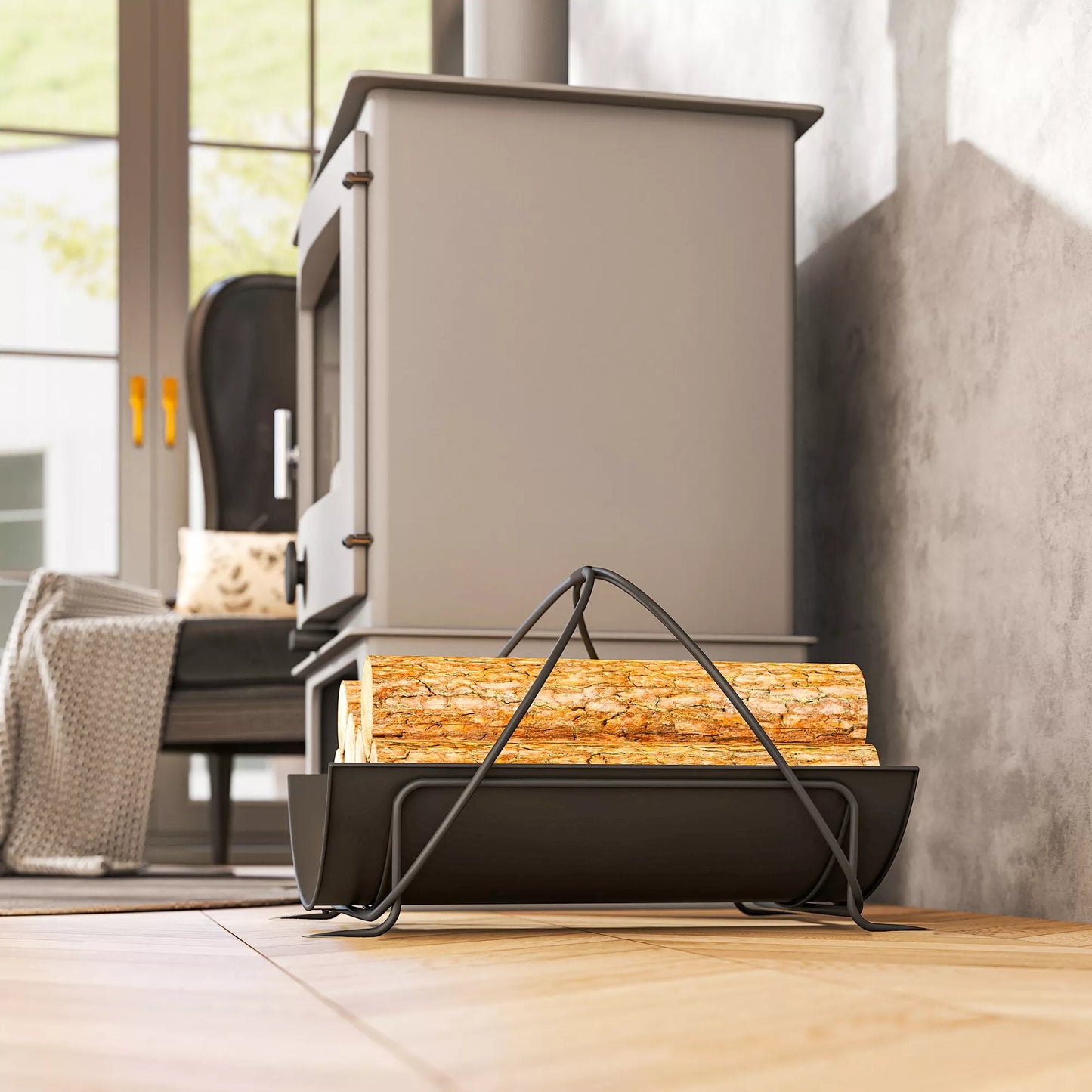 Vidinė malkų laikymo lentyna 51 x 38 x 33cm, geometrinis malkų stovas su metaline rankena, juoda