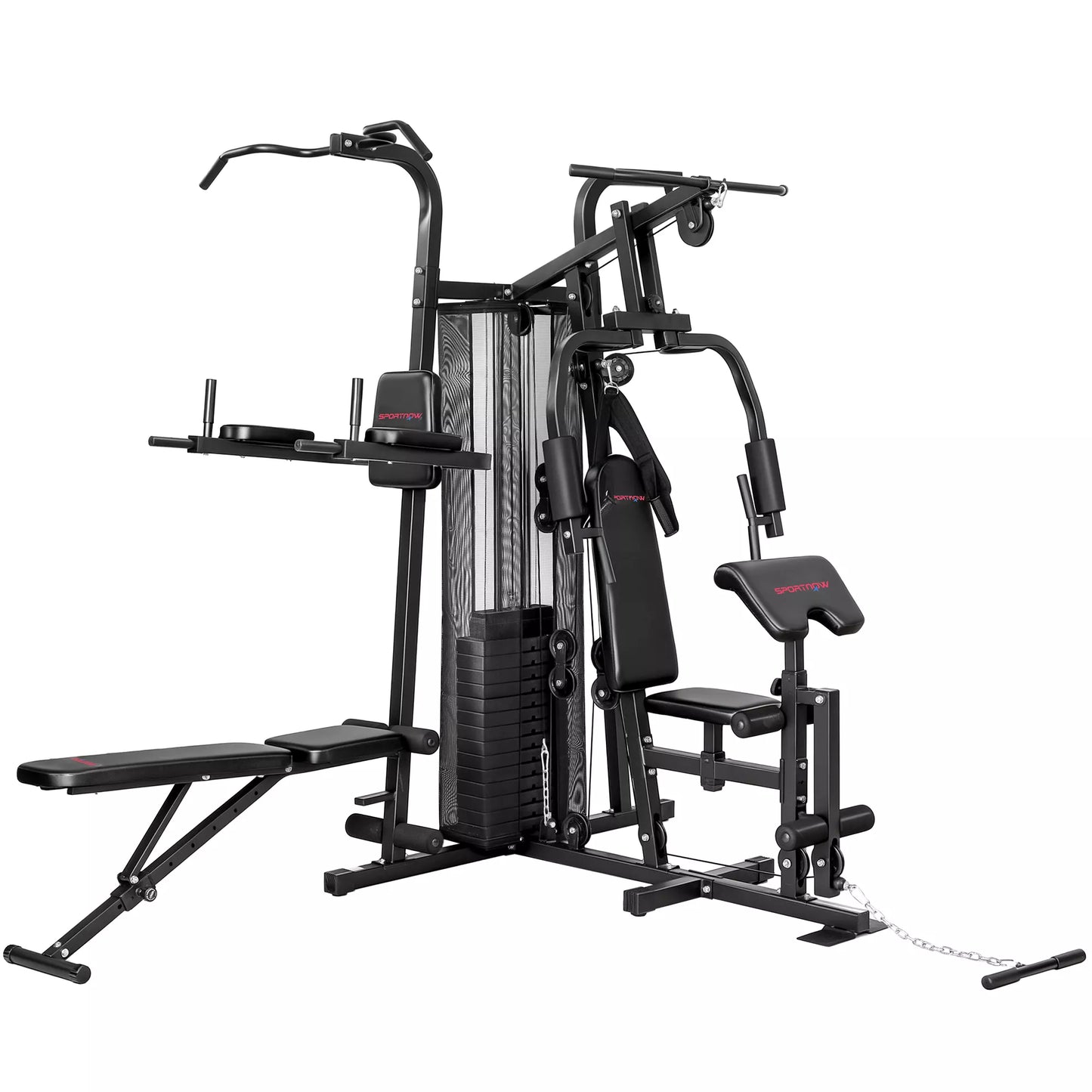 Daugiafunkcinė treniruočių stotis, namų sporto salės įranga daugiau nei 10 pratimams, svoriai, reguliuojamas treniruočių suolas, juoda