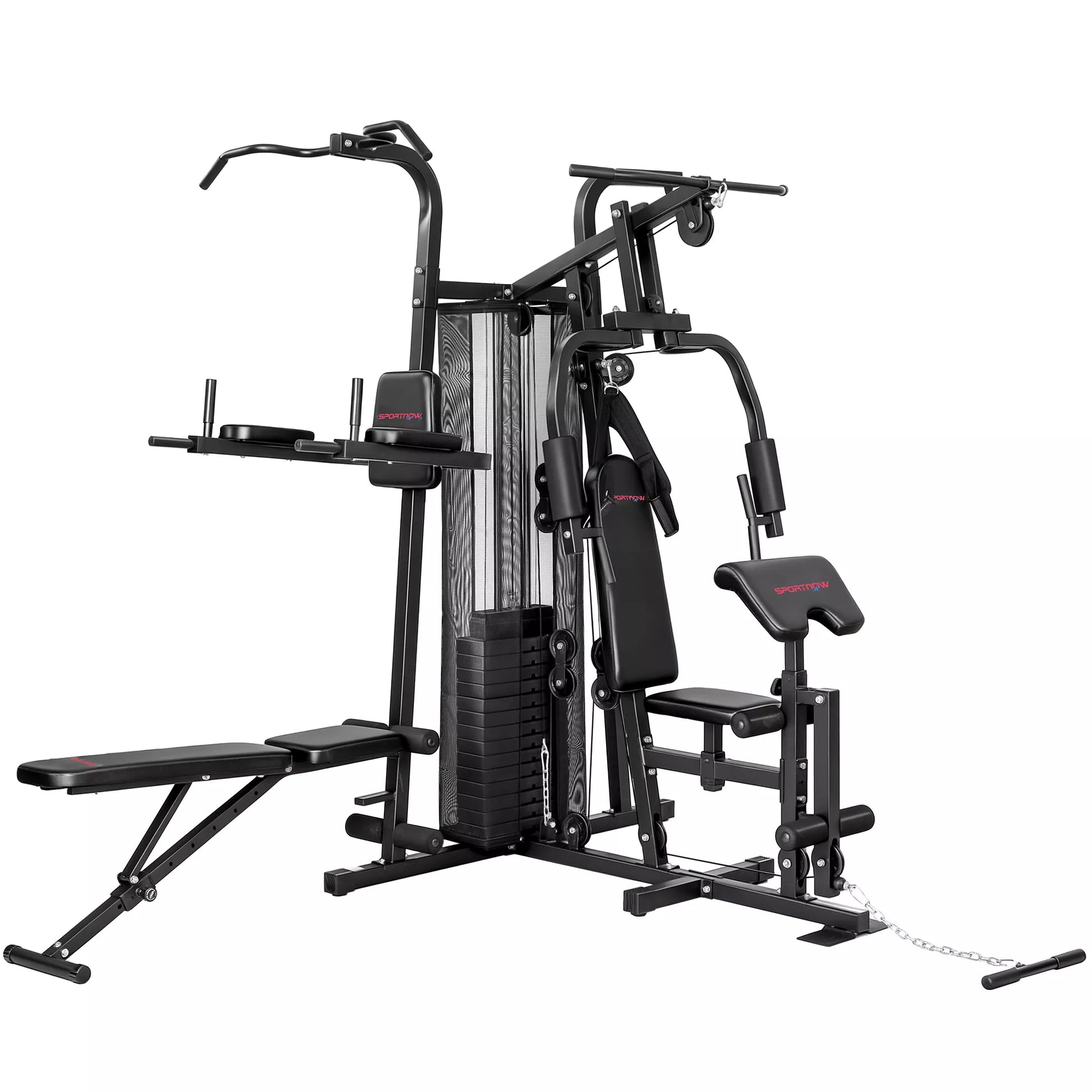 Daugiafunkcinė treniruočių stotis, namų sporto salės įranga daugiau nei 10 pratimams, svoriai, reguliuojamas treniruočių suolas, juoda