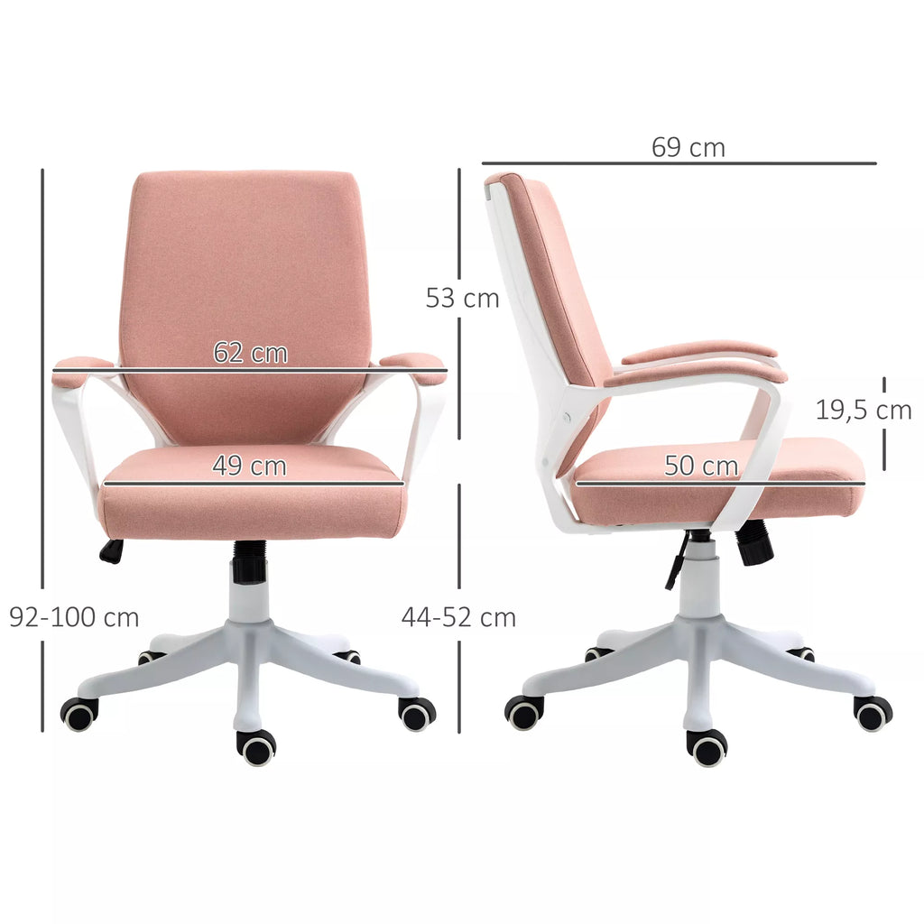 Biuro kėdė, darbo kėdė, namų biuro kėdė su supimo funkcija, reguliuojamo aukščio atlošas, storai paminkštinta, ergonomiška, 360° besisukantys ratukai, poliesteris, nailonas, PP, rožinė+balta, 62x69x92-100 cm
