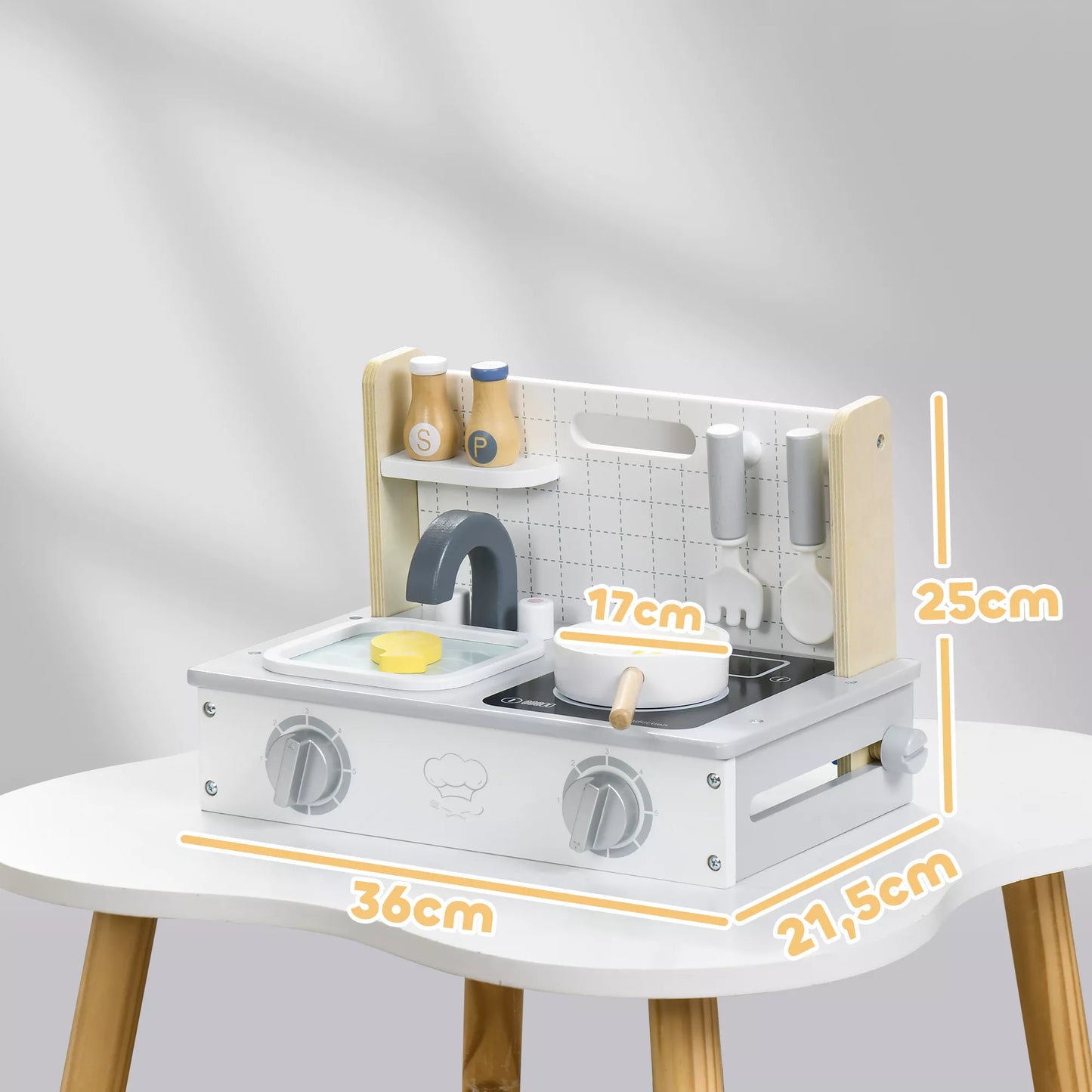 Vaikiškų virtuvėlių rinkinys, 10 dalių, su prieskonių buteliukais, puodu, kiaušiniu, žuvimi, 36x21,5x25 cm, Pilka/Geltona