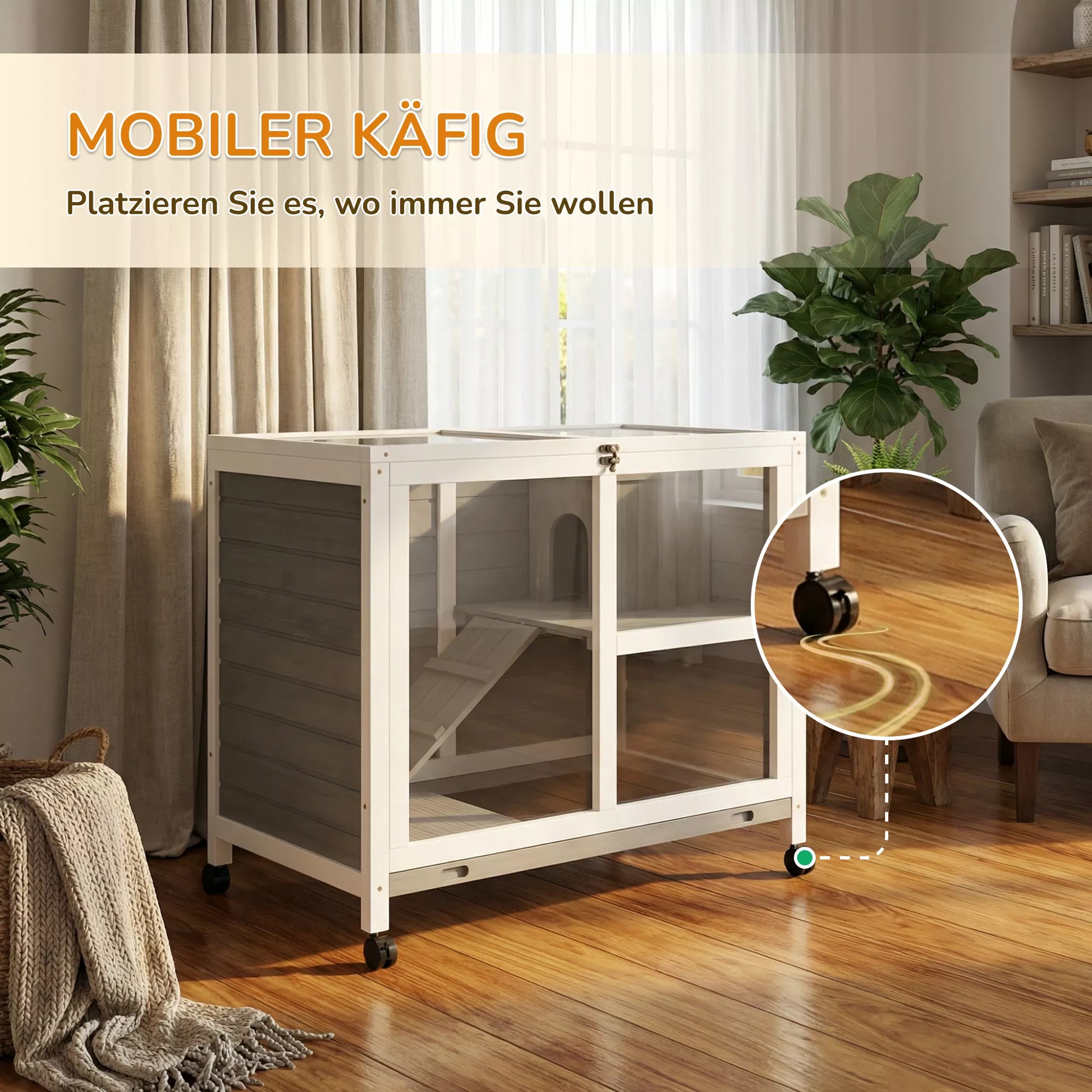 Mažų gyvūnų narvas su 2 lygiais, 4 ratukais, užsandarintas pušies medžio, pilkos spalvos