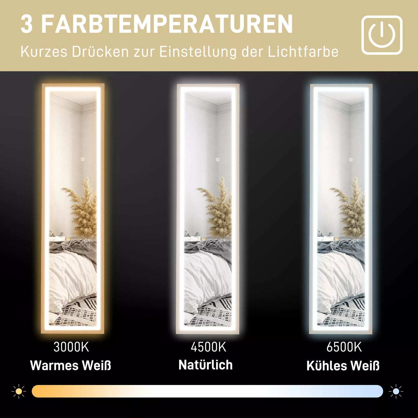 LED pilno kūno veidrodis, 40 x 160 cm, su lietimui jautriu valdymu, pritemdomas, 3 spalvų pasirinkimu, ąžuolo spalvos