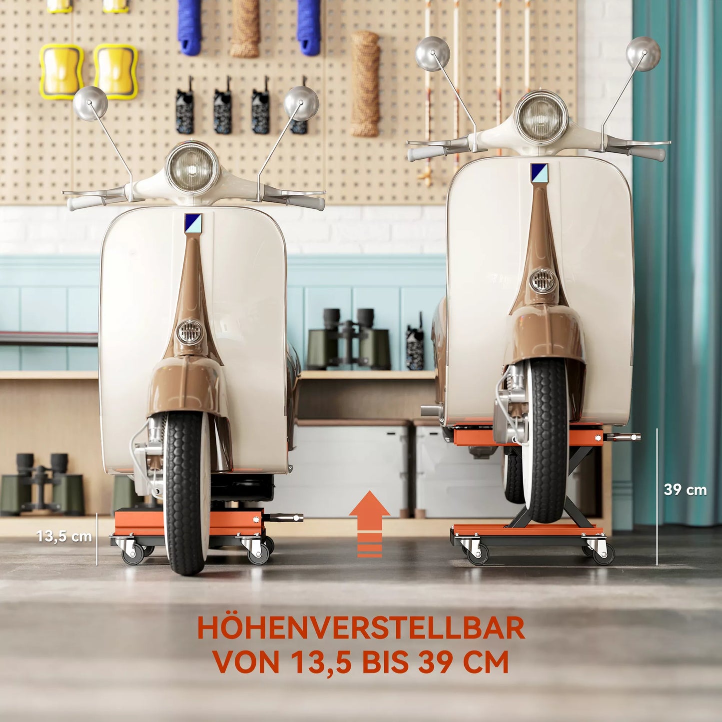 Motociklo keltuvas 500 kg, motociklo pakelimo platforma, reguliuojamas aukštis 135–390 mm, plienas, oranžinis