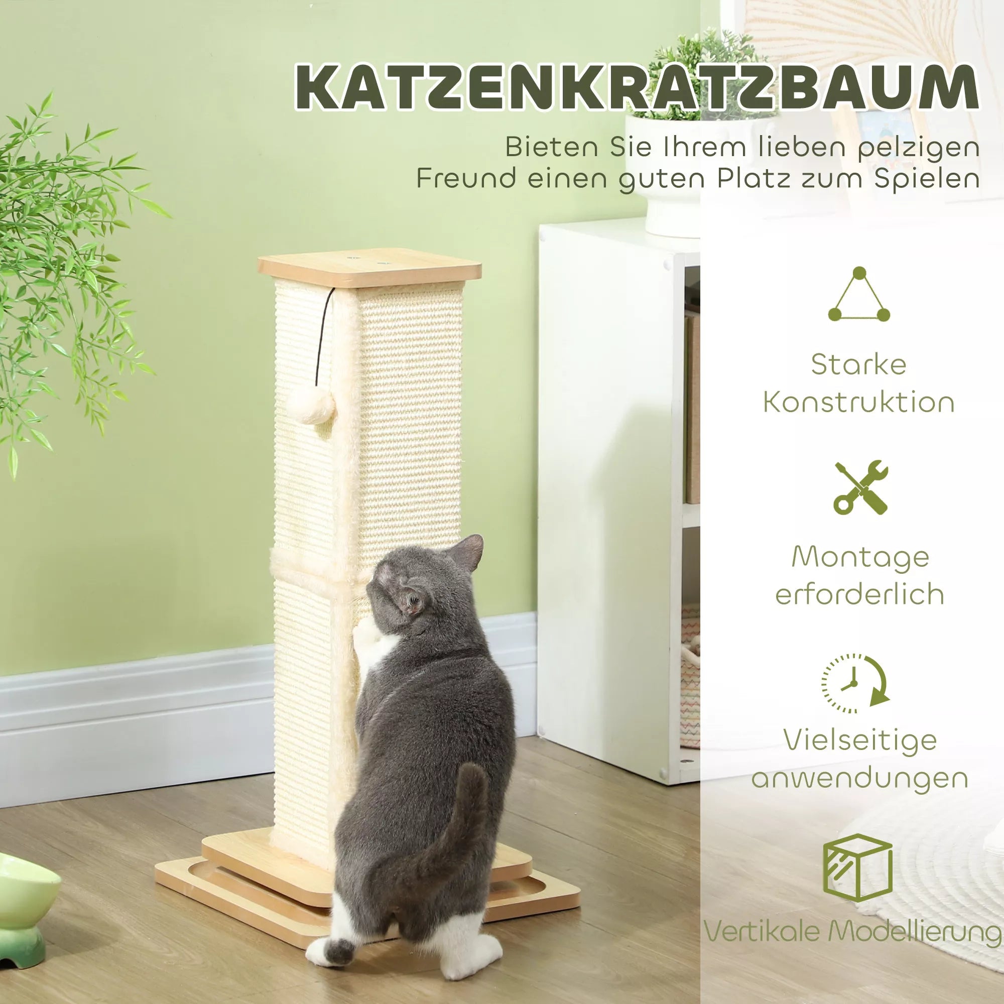3-in-1-Kratzbaum su žaidimų juosta, žaidimų kamuoliuku, sizalu, iki 5 kg, 34 x 34 x 67 cm, ąžuolas/kreminė spalva