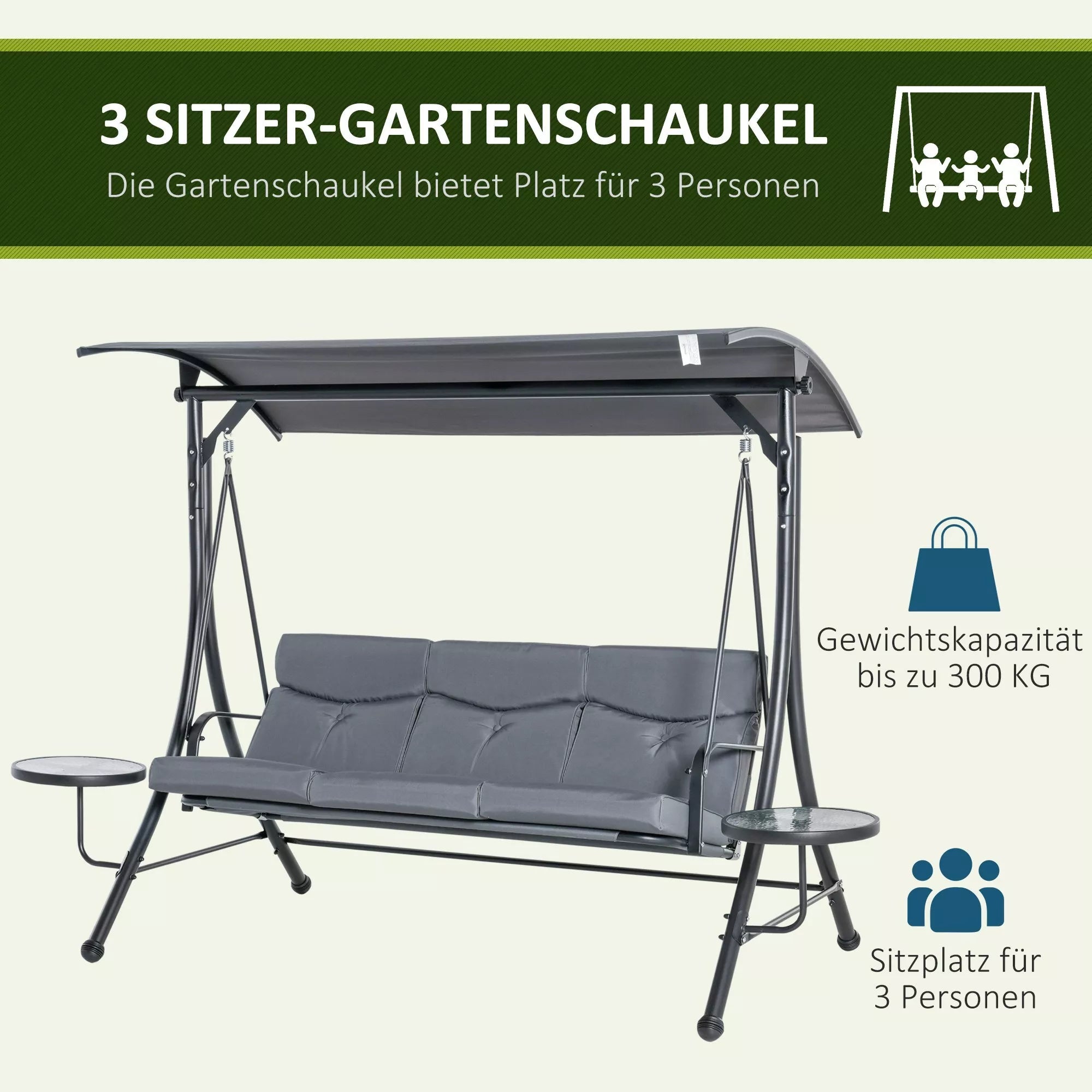 Sūpuoklė 3 vietų sodo sūpuoklės Supamoji suoliukas su reguliuojamu stogeliu nuo saulės Arbatos staliukas Plienas Poliesteris Pilka+Juoda 271 x 125 x 177 cm