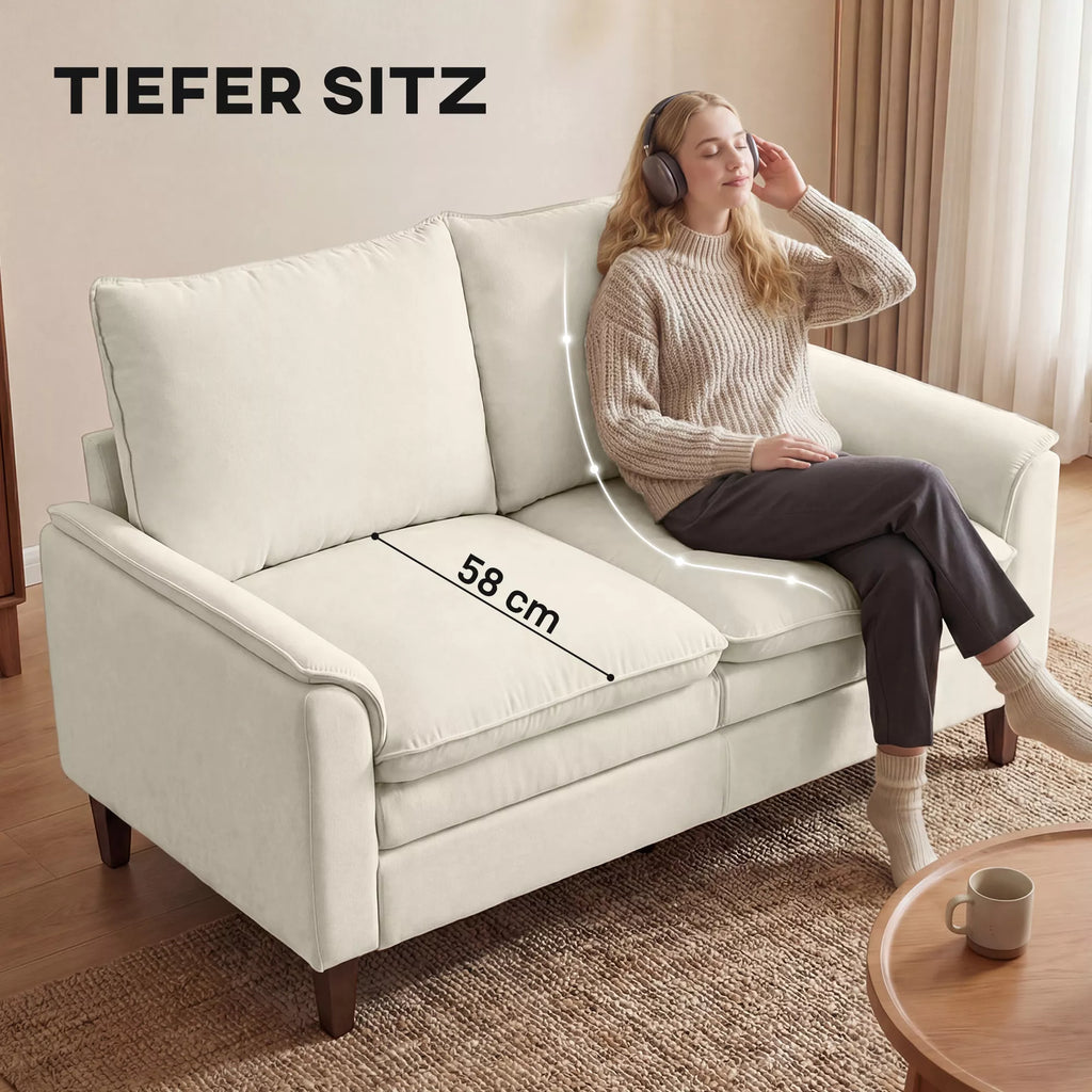 146 cm dvivietė sofa, šenilinė sofa su dviguba paminkštinimo sluoksniu, spyruoklinėmis pagalvėmis, gilia sėdimoji dalimi, aukšta atlošo dalimi, kreminės spalvos