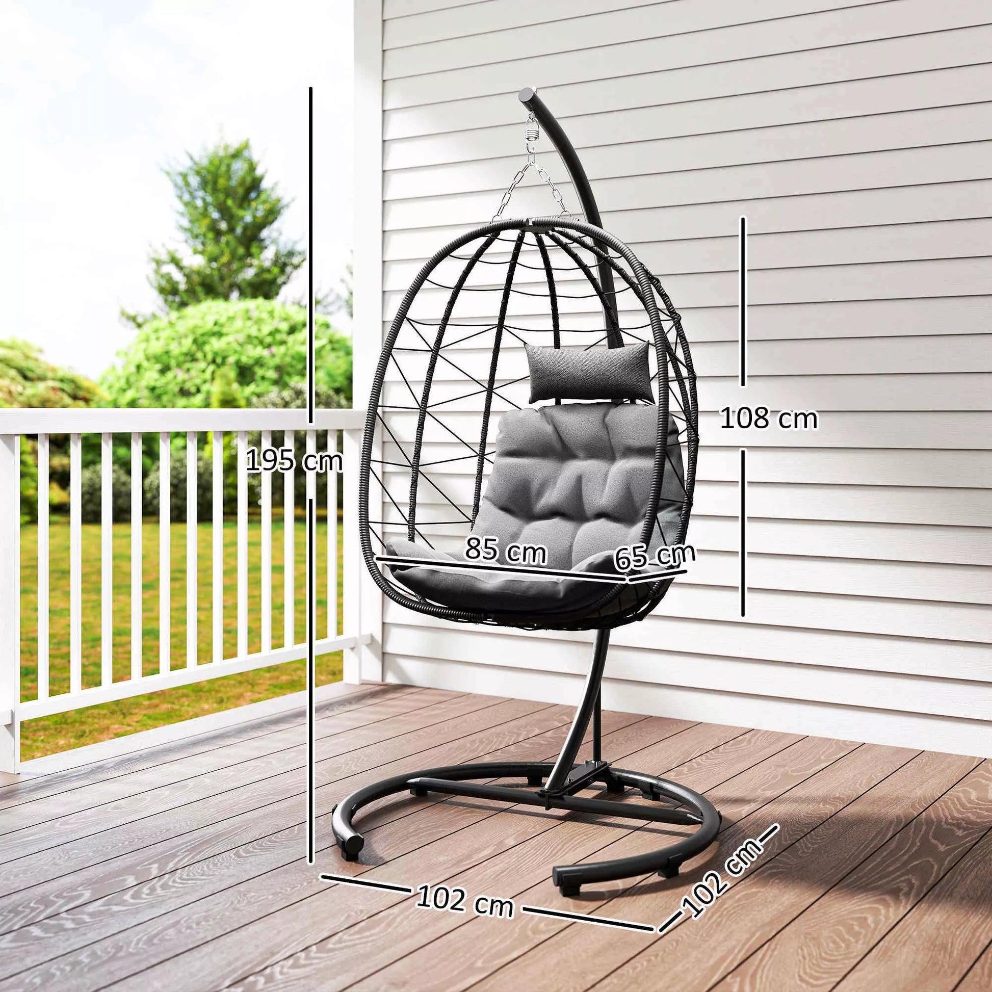 Kabinamas kėdė Lauko kabinama kėdė „Egg Chair“, atspari atmosferos poveikiui, su pagalvėle, 102 cm x 102 cm x 195 cm, tamsiai pilka