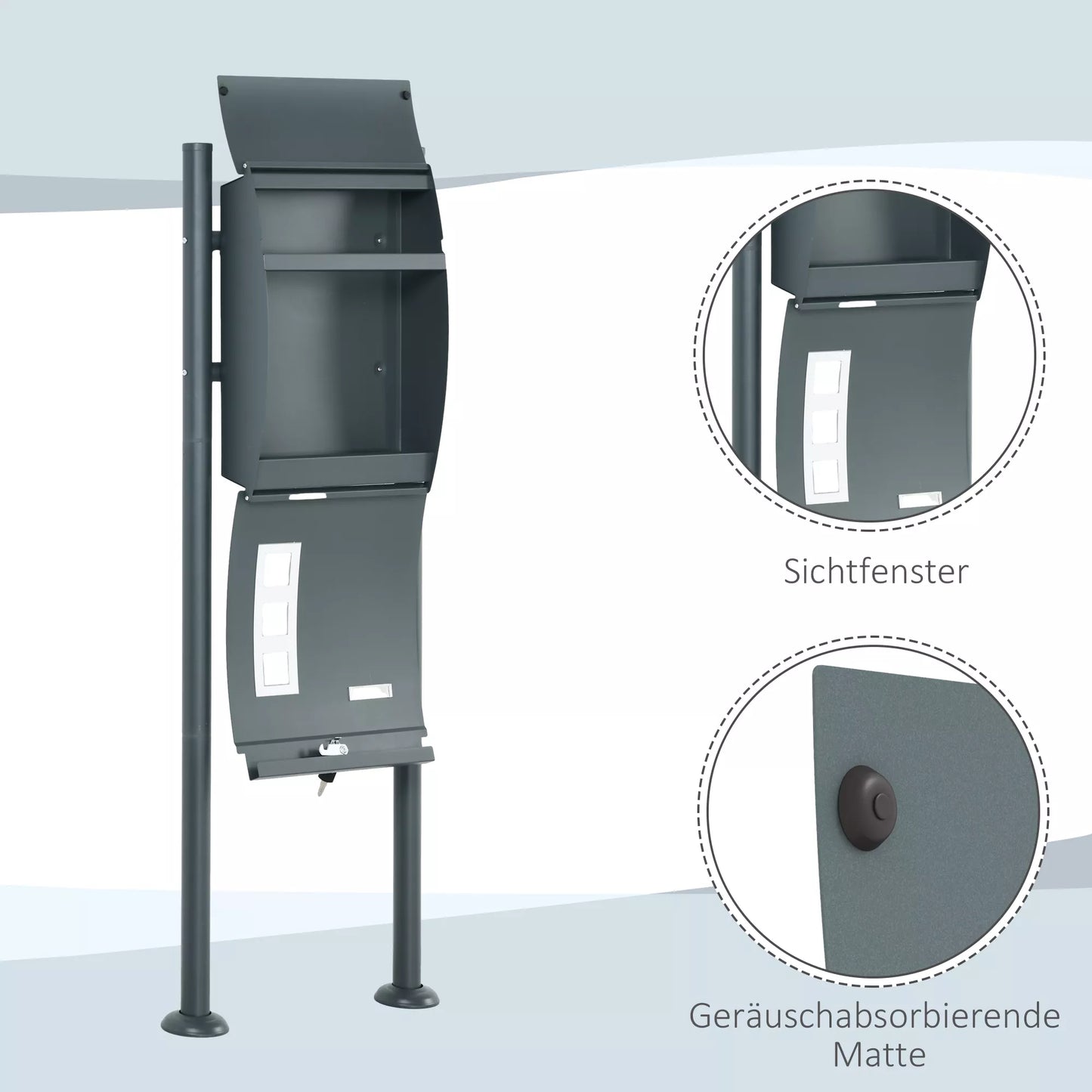 Pašto dėžutė, užraktas, pastatoma pašto dėžutė, 2 raktai, plienas, 44 cm x 15 cm x 114 cm, Pilka