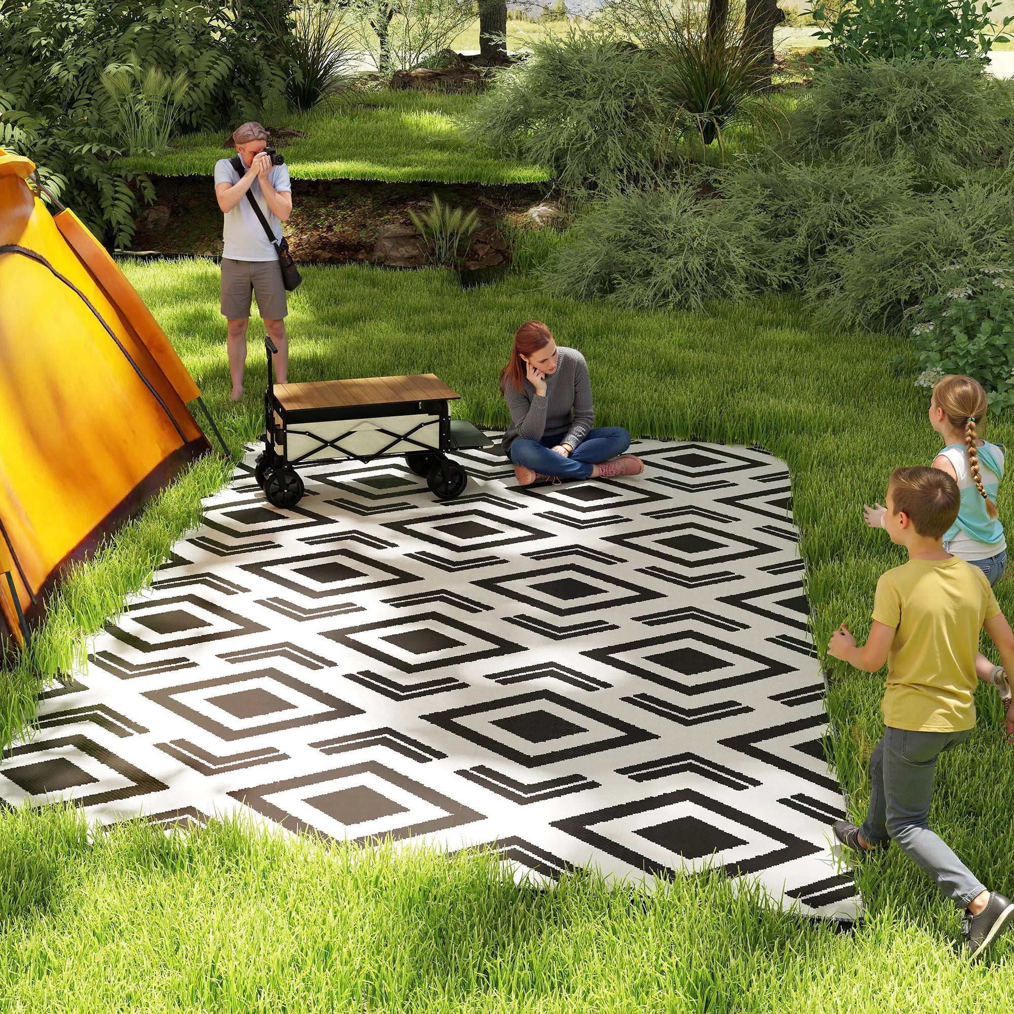 Lauko kilimas, tvirtas, atsparus atmosferos poveikiui, su nešimo maišeliu, sulankstomas kilimas boho stiliaus, 182 x 274 cm, juodas + baltas