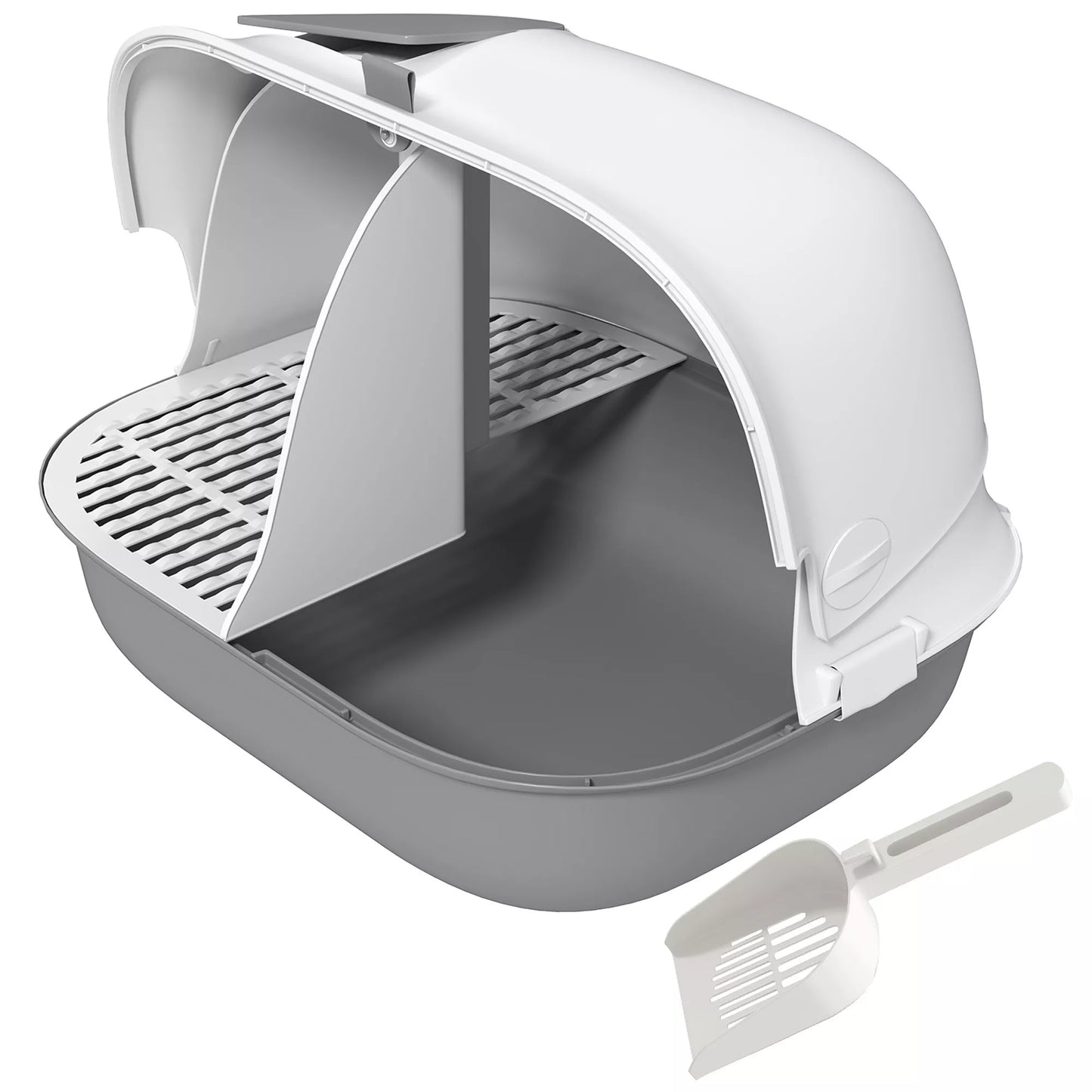 Katės tualetas su dangčiu ir vidiniu lataku, durelėmis, kastuvėliu, lengvai valomas, plastikas, šviesiai pilkas