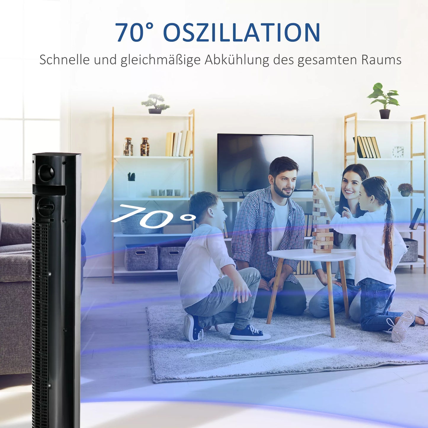 Bokštinis ventiliatorius su nuotolinio valdymo pultu 45 W 70° svyravimas Koloninis ventiliatorius Ventiliatorius su aromato difuzoriumi Laikmačio funkcija 3 ventiliacijos lygiai Juodas