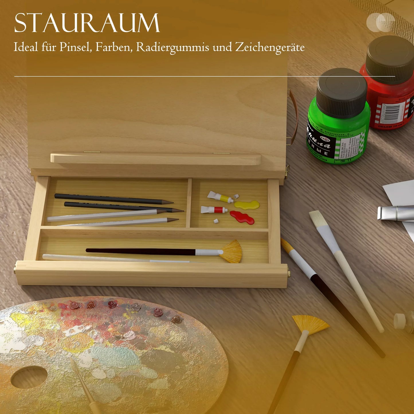 Stalo dailininko stovas, mažas dailininko stovas, 1 stalčius, 3 skyreliai, medžio masyvas, natūralus