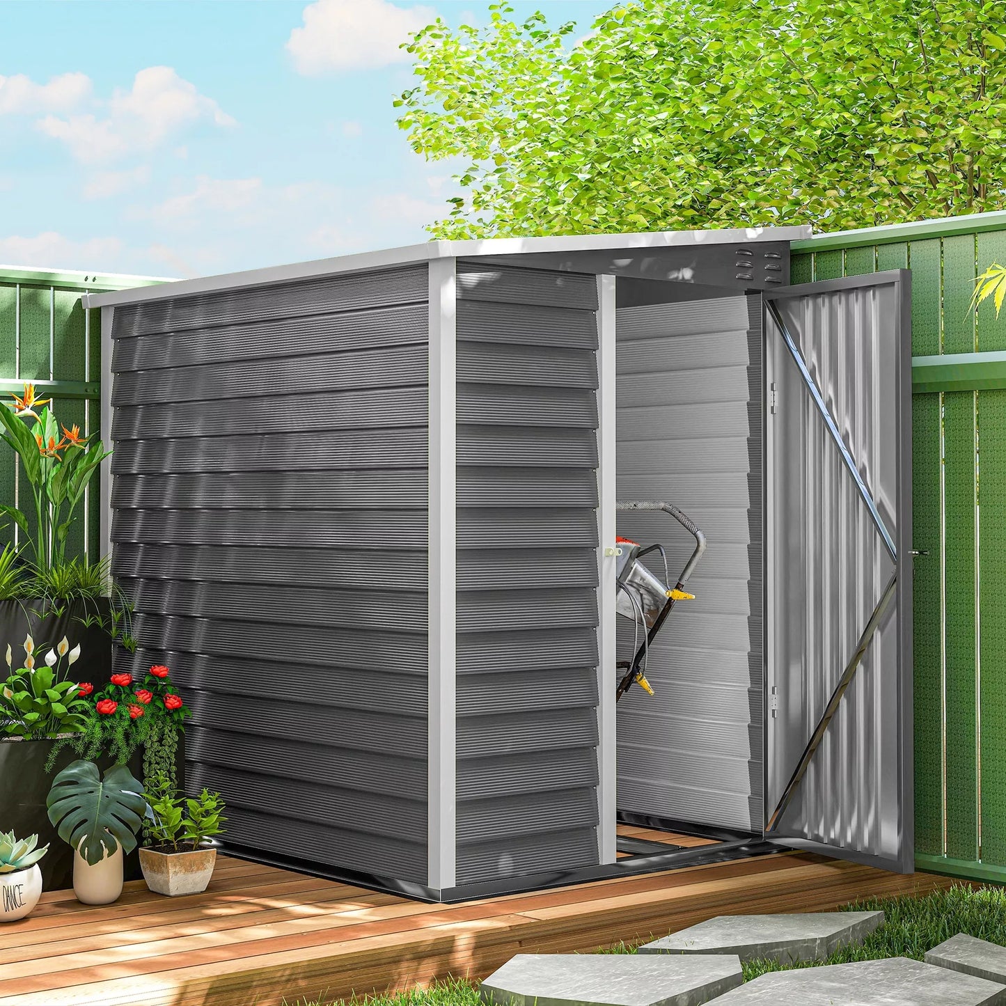 Metalo sodo namelis, cinkuotas plienas, užrakinamos durys, lengvas montavimas, 142 x 184 x 165/181 cm, pilkos spalvos