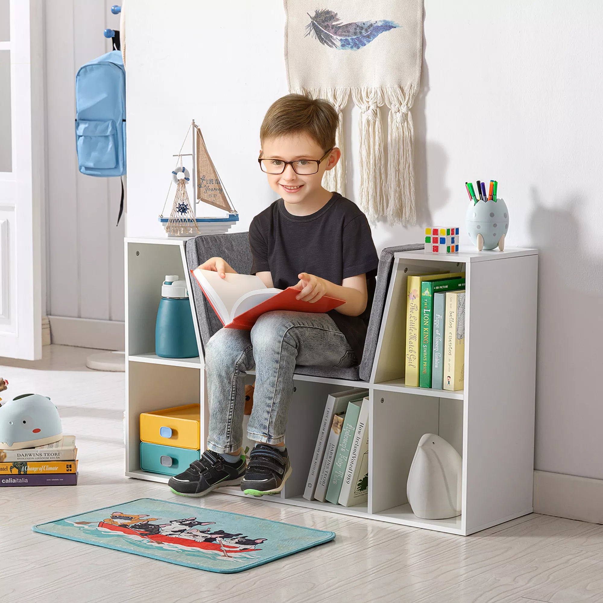 2-in-1 vaikų lentynos lentynos + suoliukas su pagalvėlėmis 103 cm × 30 cm × 62 cm Balta + Pilka