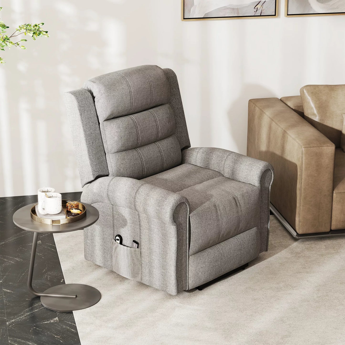 Elektrinis atsisėdimo fotelis, masažinis fotelis su šildymo funkcija, fotelis su pagalba atsisėsti, poilsio fotelis su nuotolinio valdymo pultu, linas, pilkas, 90 x 91 x 106 cm