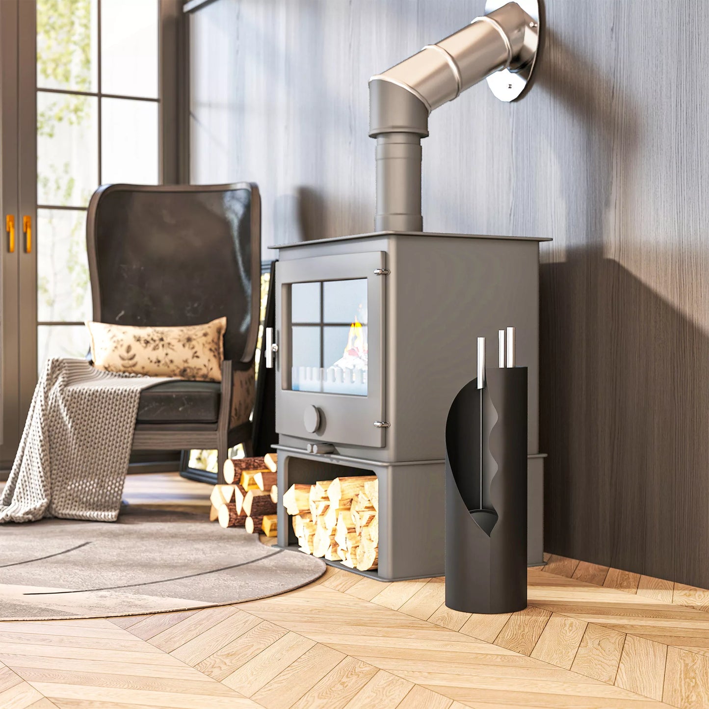 4 dalių židinio įrankių komplektas su šluota, semtuvėliu, pakūrio iečiu ir krepšiu, židinio reikmenys, metalas, juodas